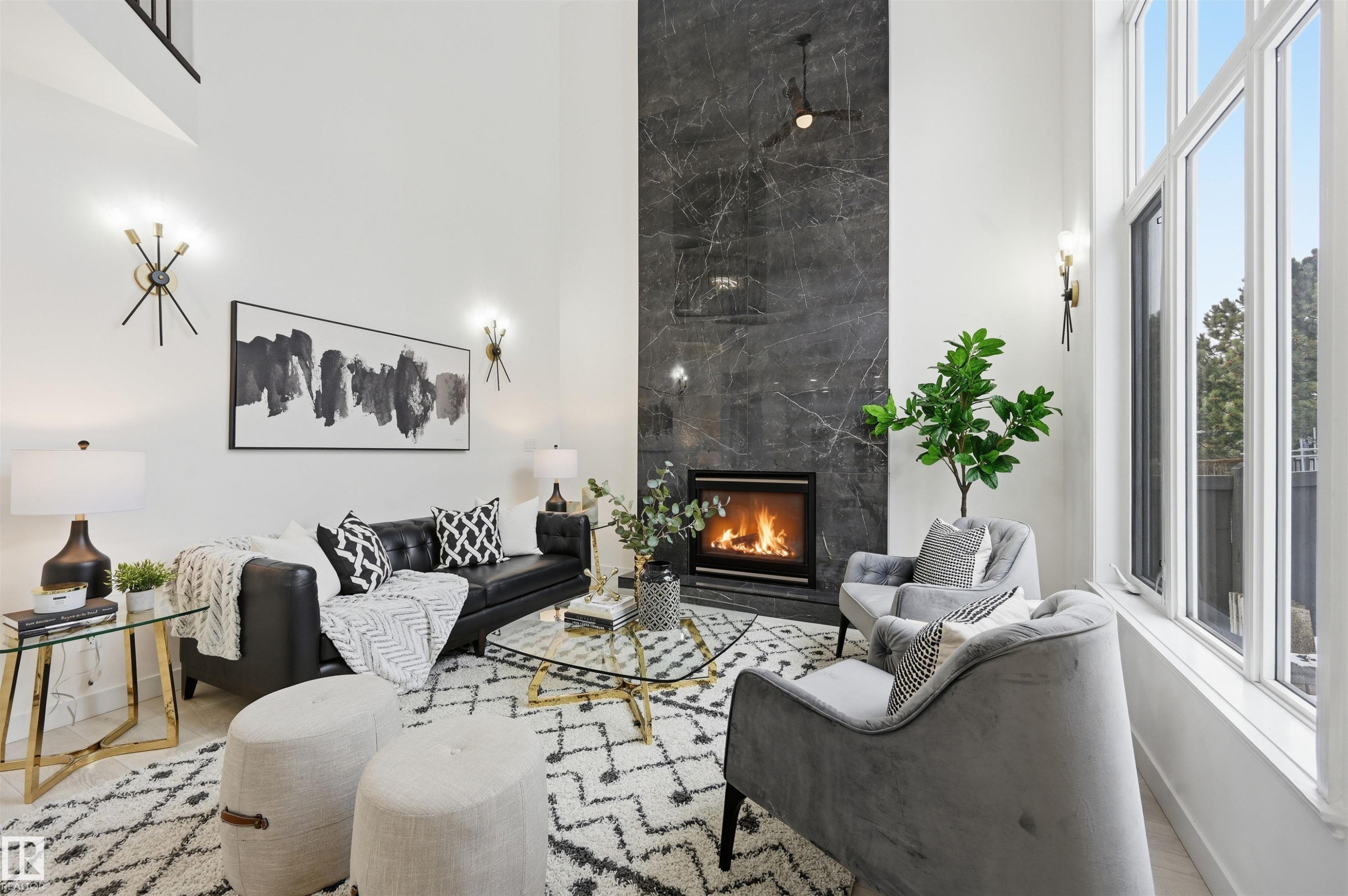 926 Thompson Place Nw, Edmonton, AB - Indoor Photo Showing Living Room With Fireplace