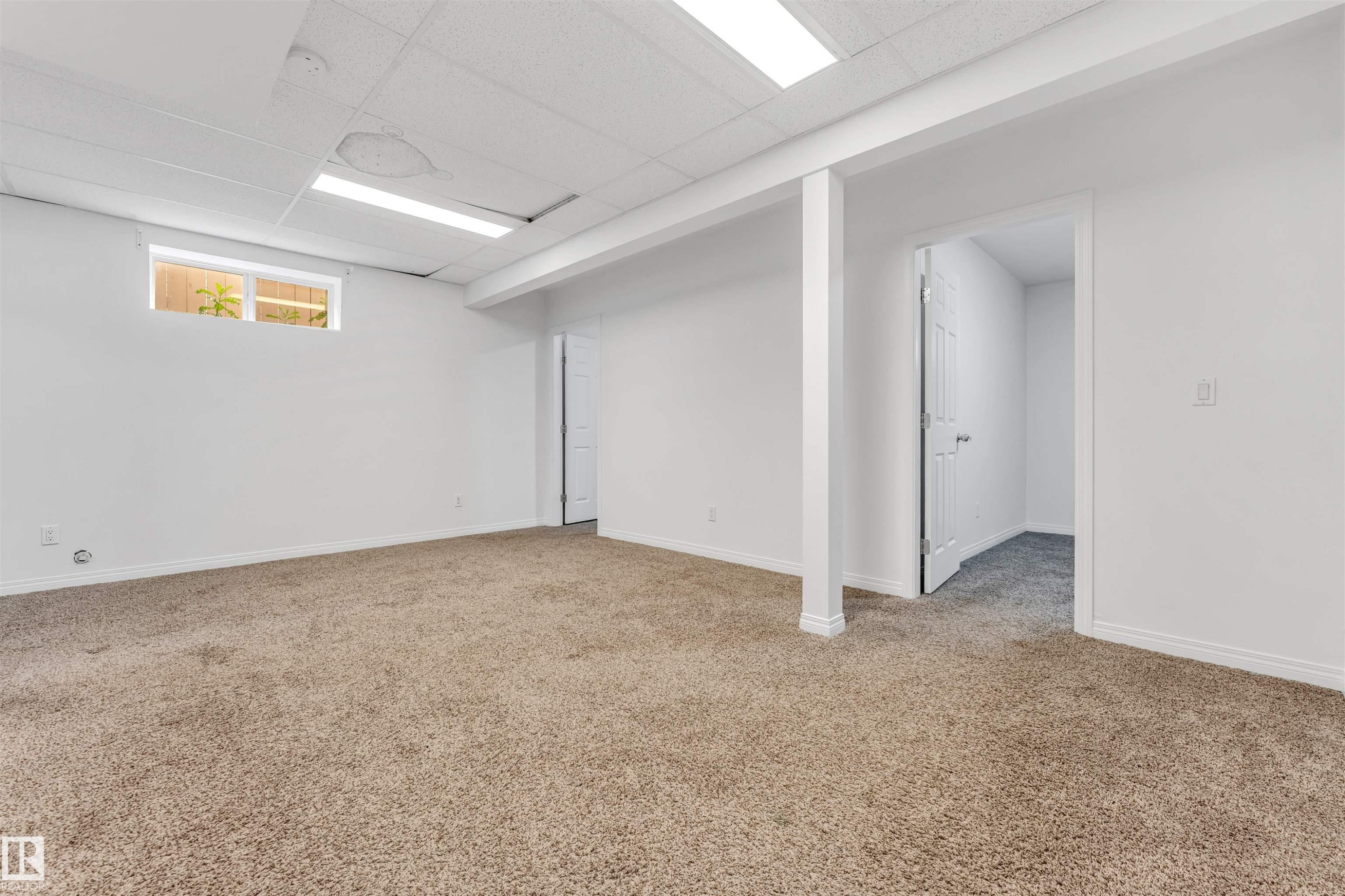 Spacious room featuring neutral carpeting, white walls, and a drop ceiling with integrated fluorescent lighting - 16205 55 Street Nw, Edmonton, AB - Indoor Photo Showing Basement