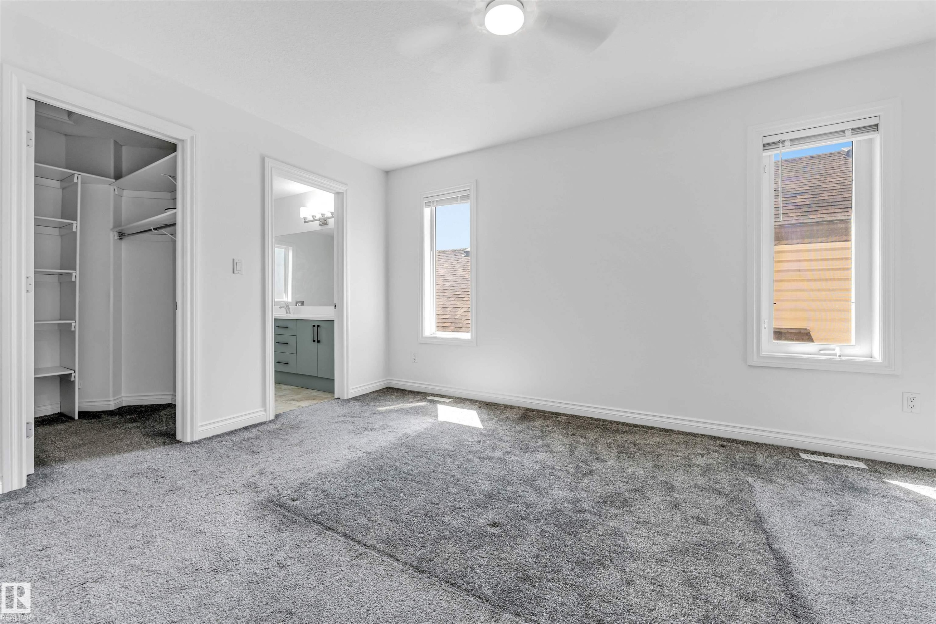 Carpeted room featuring a white ceiling fan, two windows, and white baseboards - 16205 55 Street Nw, Edmonton, AB - Indoor Photo Showing Other Room