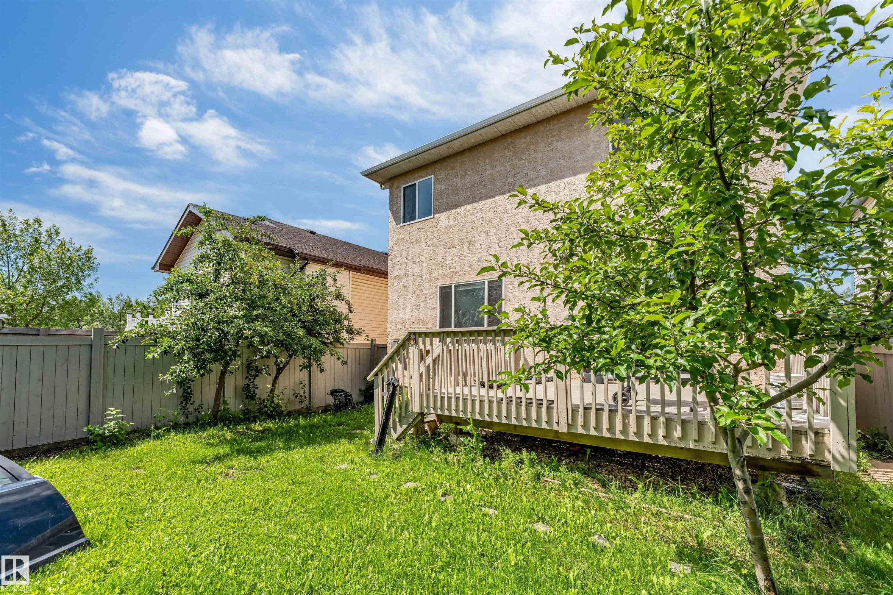 Expansive backyard featuring a wood deck, mature trees, and a privacy fence - 16205 55 Street Nw, Edmonton, AB - Outdoor