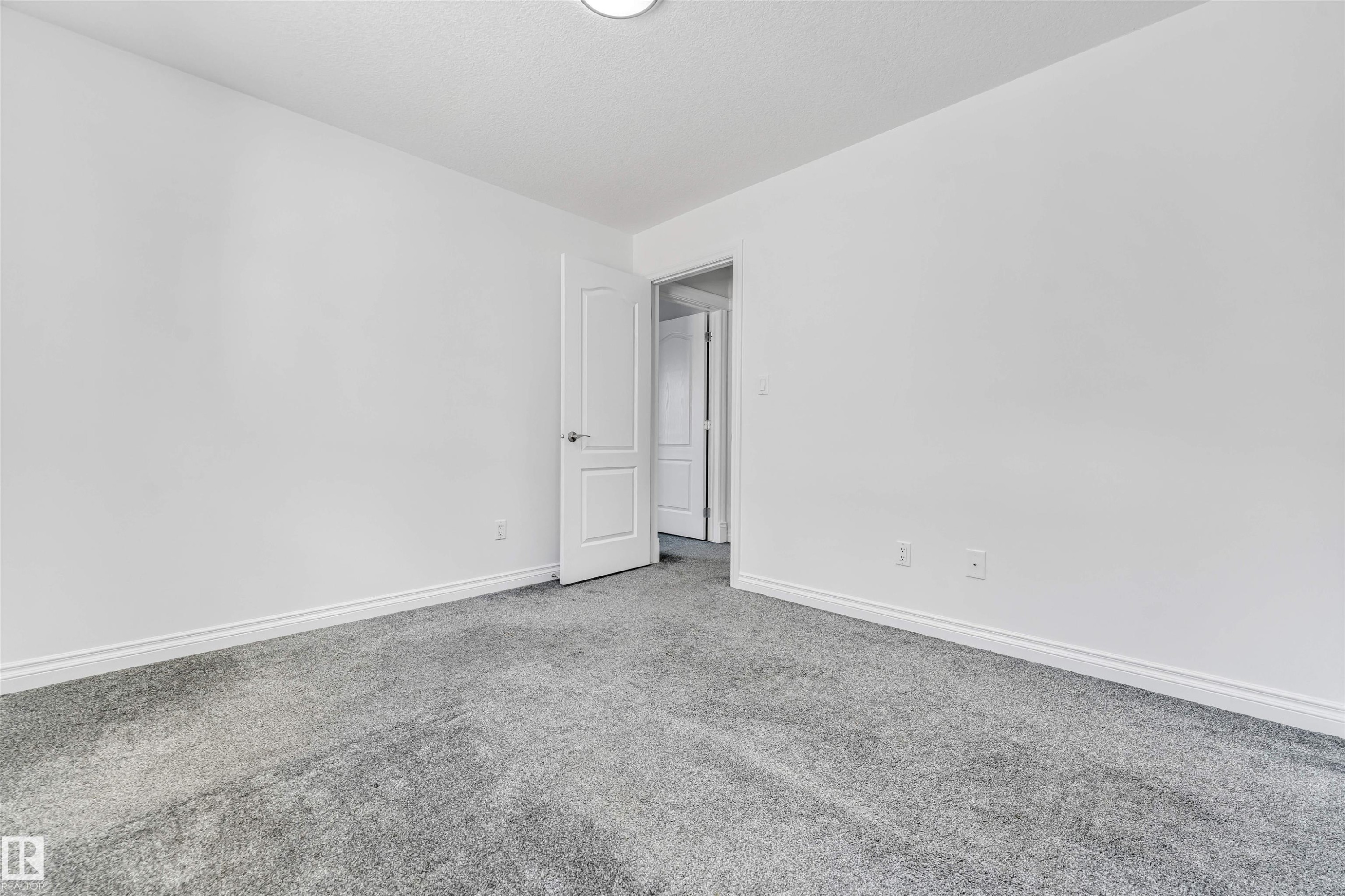 Neutral-toned room featuring light gray carpeting, white painted walls, white baseboards, and a white ceiling with a flush-mount light fixture - 16205 55 Street Nw, Edmonton, AB - Indoor Photo Showing Other Room