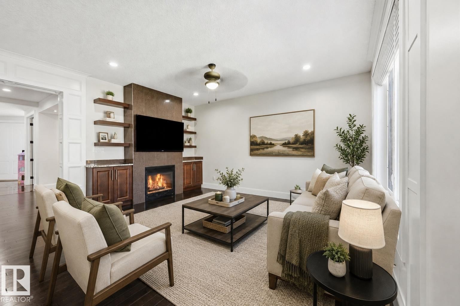 5216 Mullen Crest Nw, Edmonton, AB - Indoor Photo Showing Living Room With Fireplace