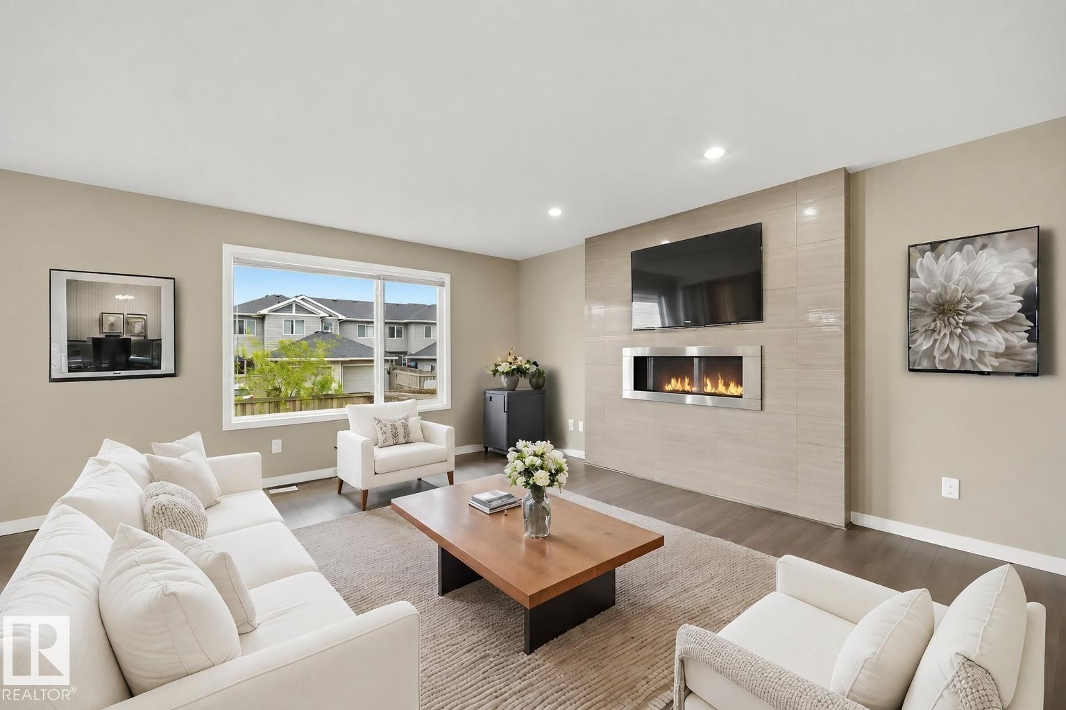 (virtually staged furniture) - 3528 Claxton Crescent Sw, Edmonton, AB - Indoor Photo Showing Living Room With Fireplace