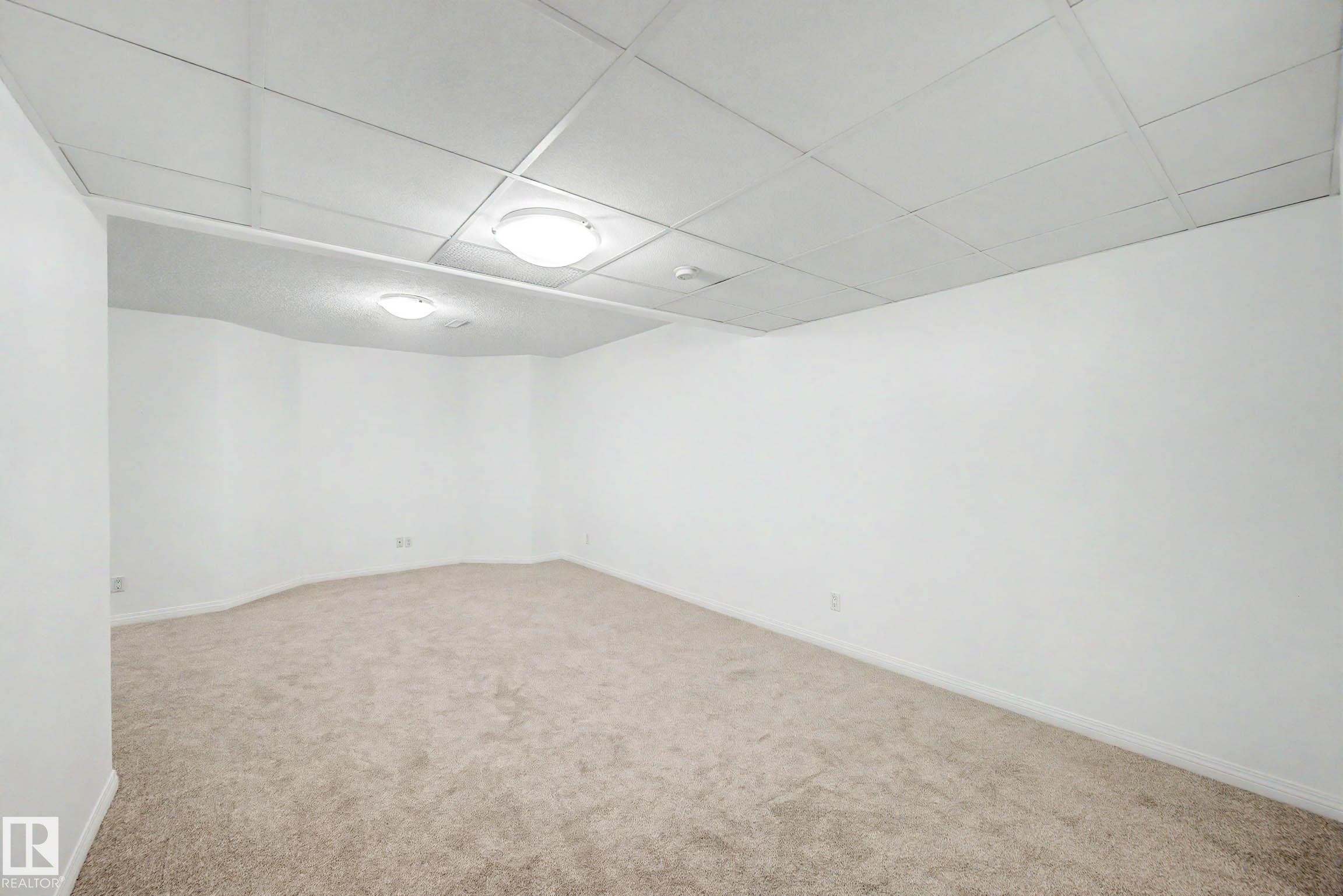 Spacious room featuring neutral carpeting, white painted walls, and a dropped ceiling with integrated lighting - 9130 100A Avenue Nw, Edmonton, AB - Indoor Photo Showing Other Room