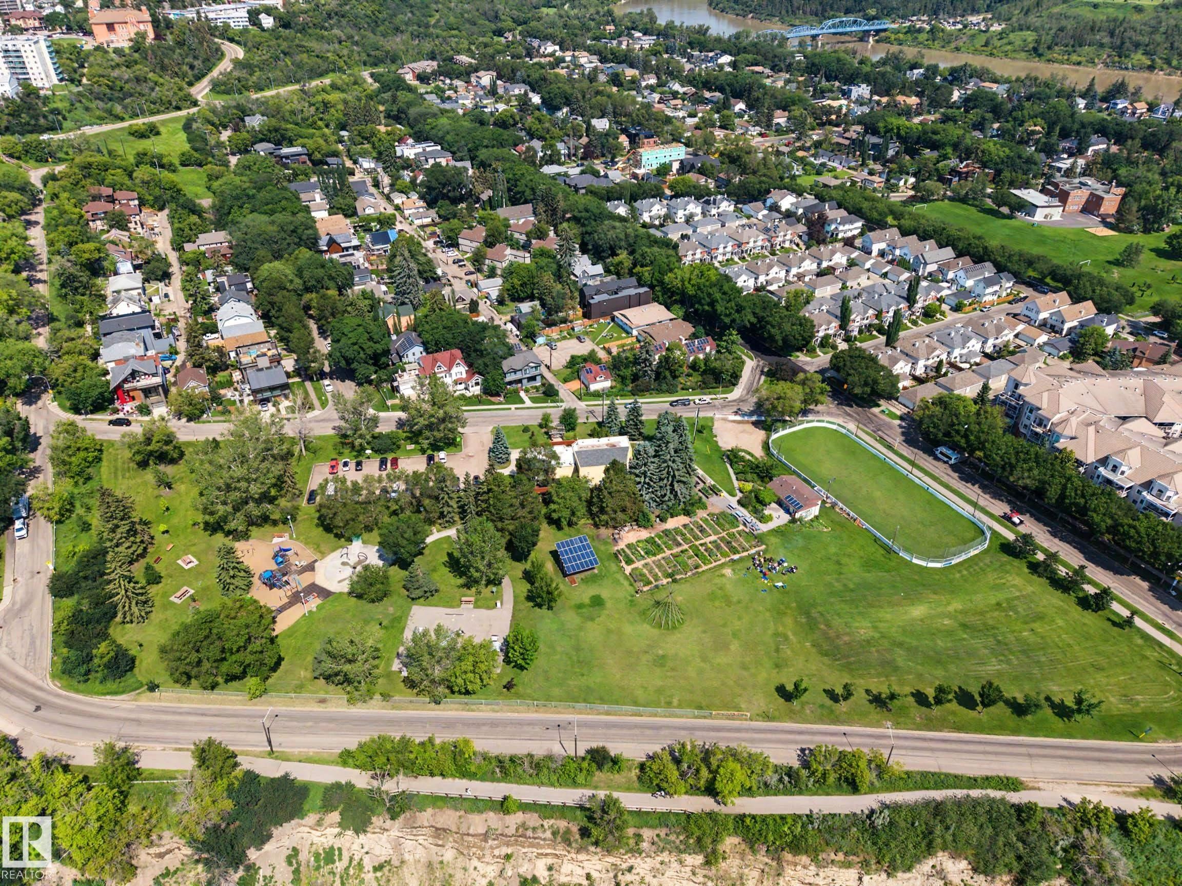 Aerial perspective showcasing a community park with a playground, an open green space, and cultivated garden plots - 9130 100A Avenue Nw, Edmonton, AB - Outdoor With View