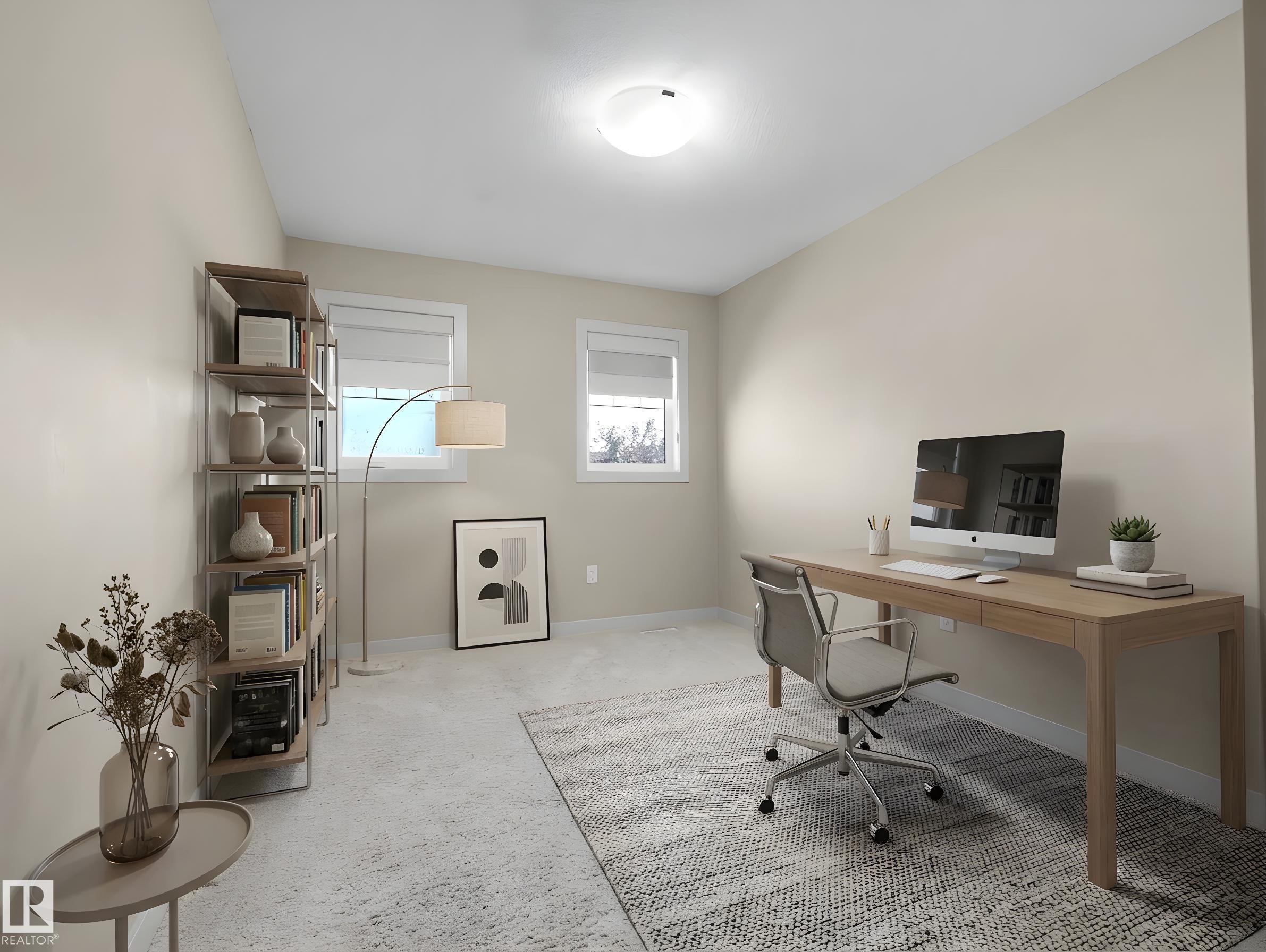 Neutral-toned room with two windows featuring white blinds, soft grey carpet, and a flush-mount ceiling light fixture - 4487 Annett Common Sw, Edmonton, AB - Indoor Photo Showing Office