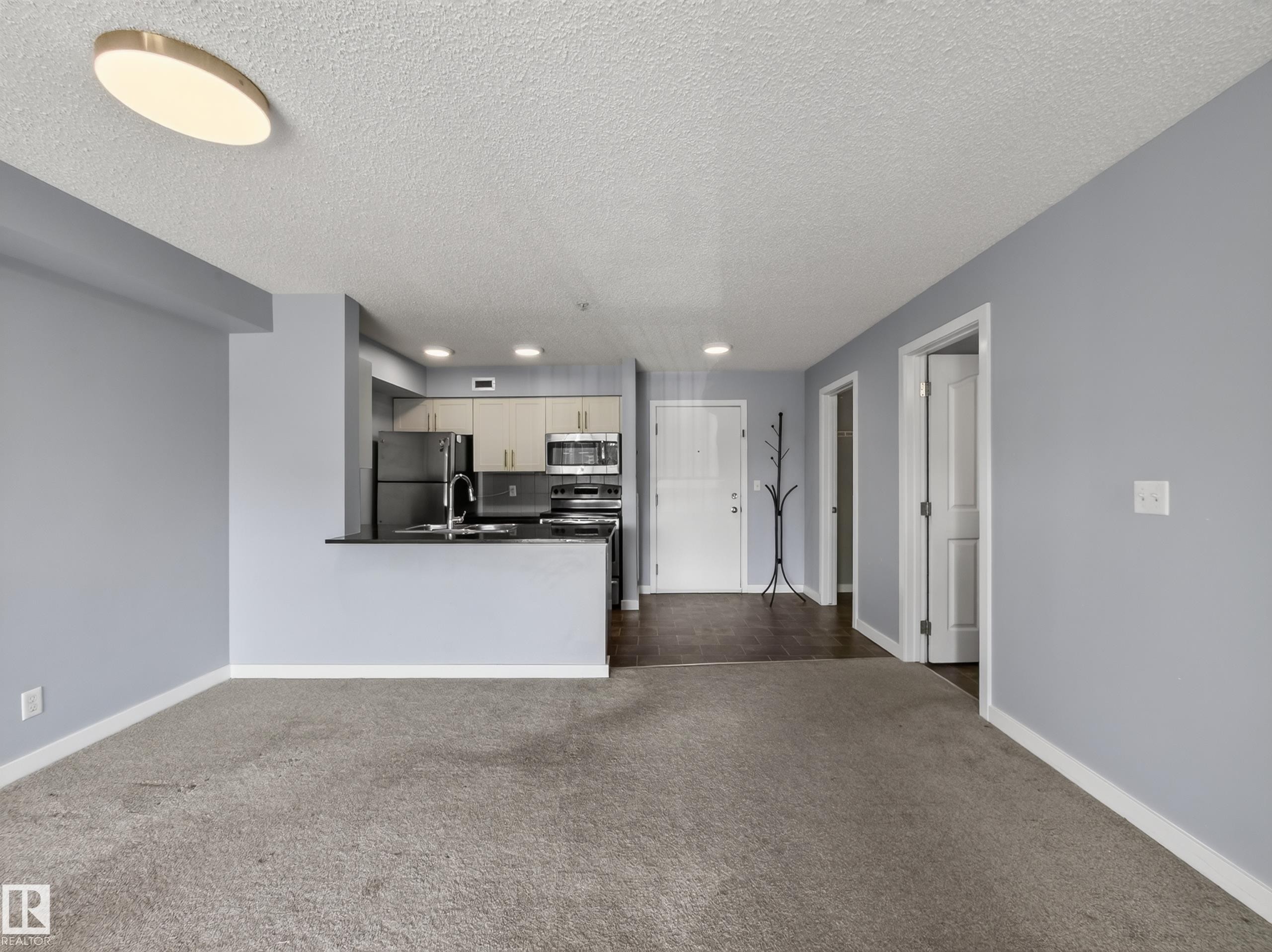Open-concept living space featuring a carpeted area, a kitchen with stainless steel appliances, and a breakfast bar with a dark countertop - #217 12045 22 Av Sw, Edmonton, AB - Indoor Photo Showing Other Room