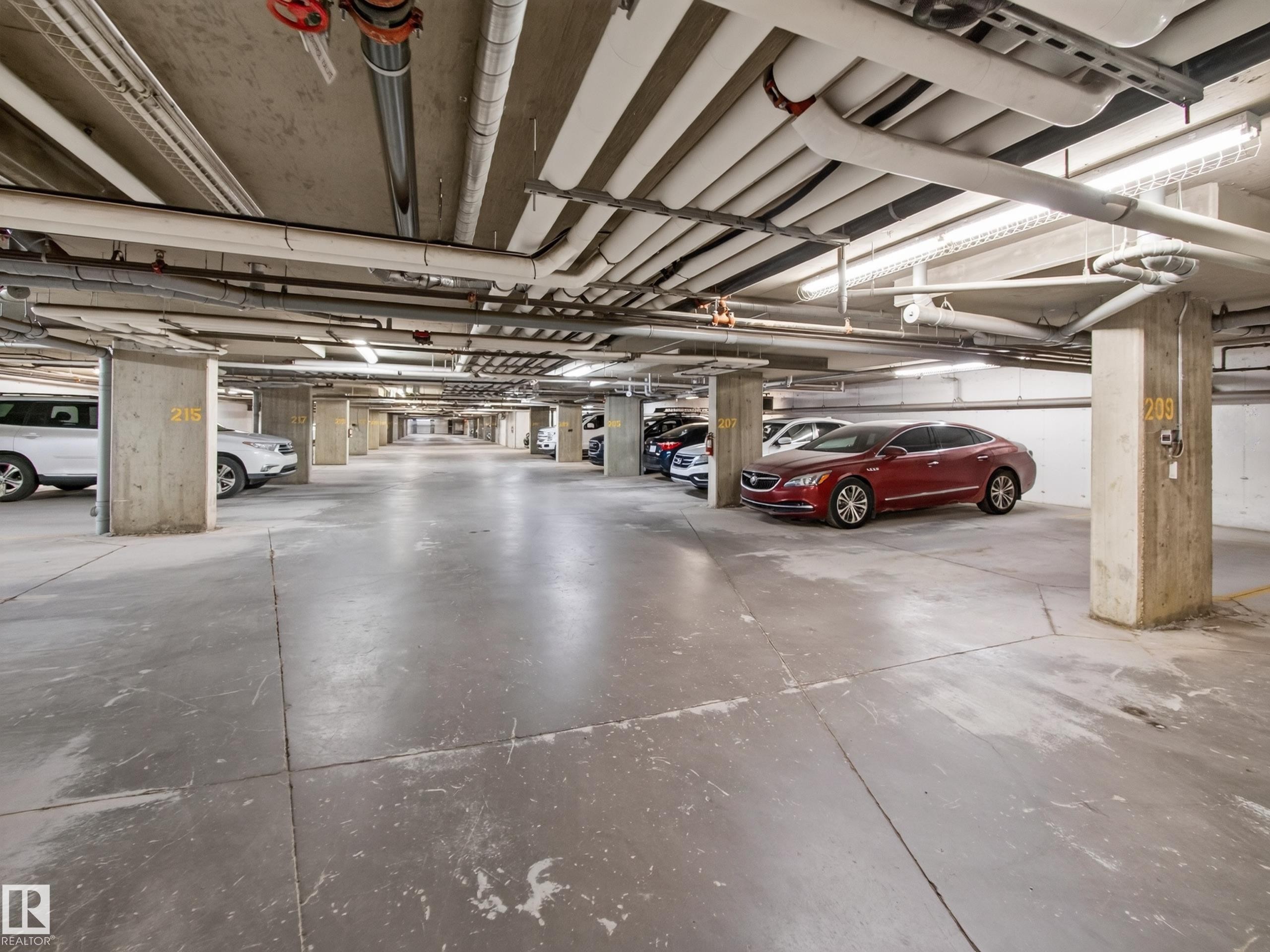 Spacious underground parking garage with concrete flooring and structural columns - #217 12045 22 Av Sw, Edmonton, AB - Indoor Photo Showing Garage
