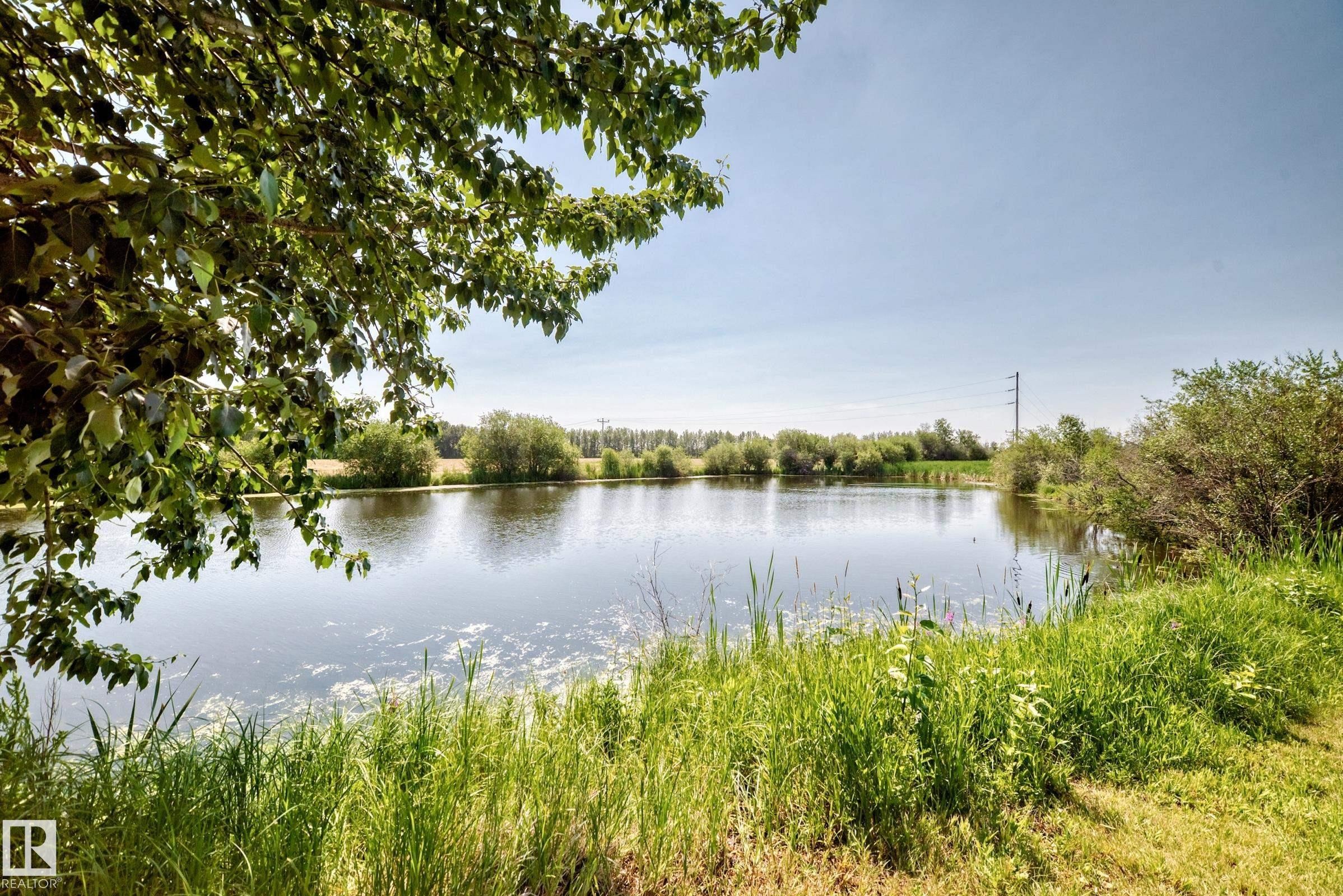 Expansive water feature bordered by lush green foliage and mature trees, under a bright, clear sky - #225 3400 48 St, Stony Plain, AB - Outdoor With Body Of Water With View