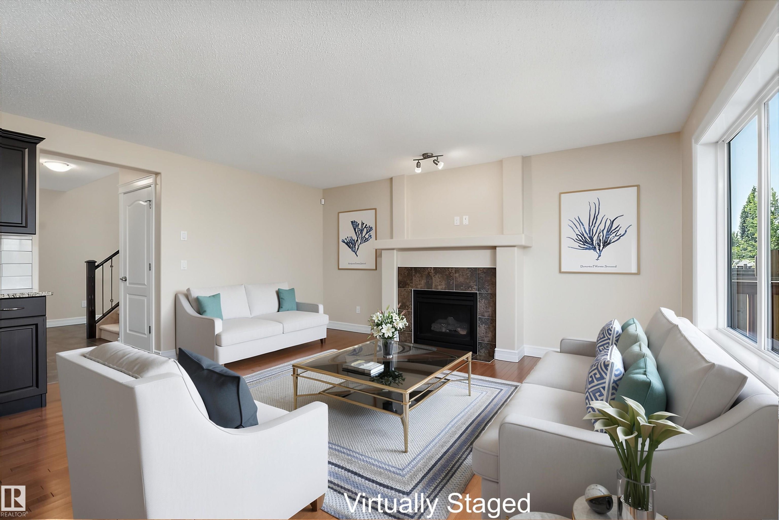 17330 8A Avenue Sw, Edmonton, AB - Indoor Photo Showing Living Room With Fireplace