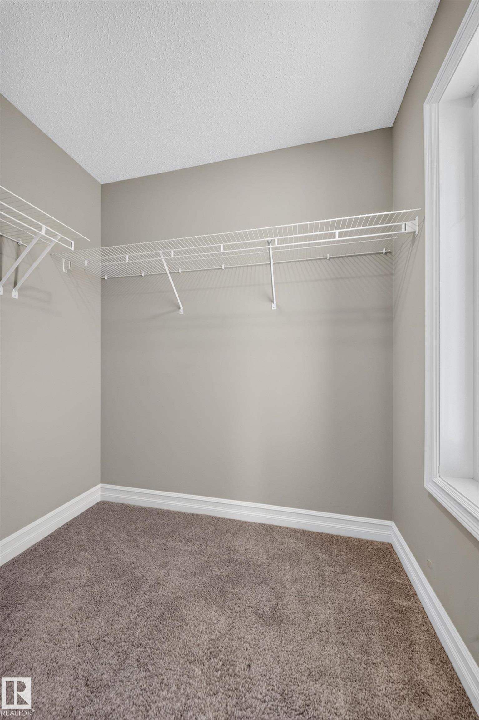 Walk-in closet featuring wire shelving, wall-to-wall carpeting, and a window with white trim - #100 804 Welsh Dr Sw, Edmonton, AB - Indoor With Storage
