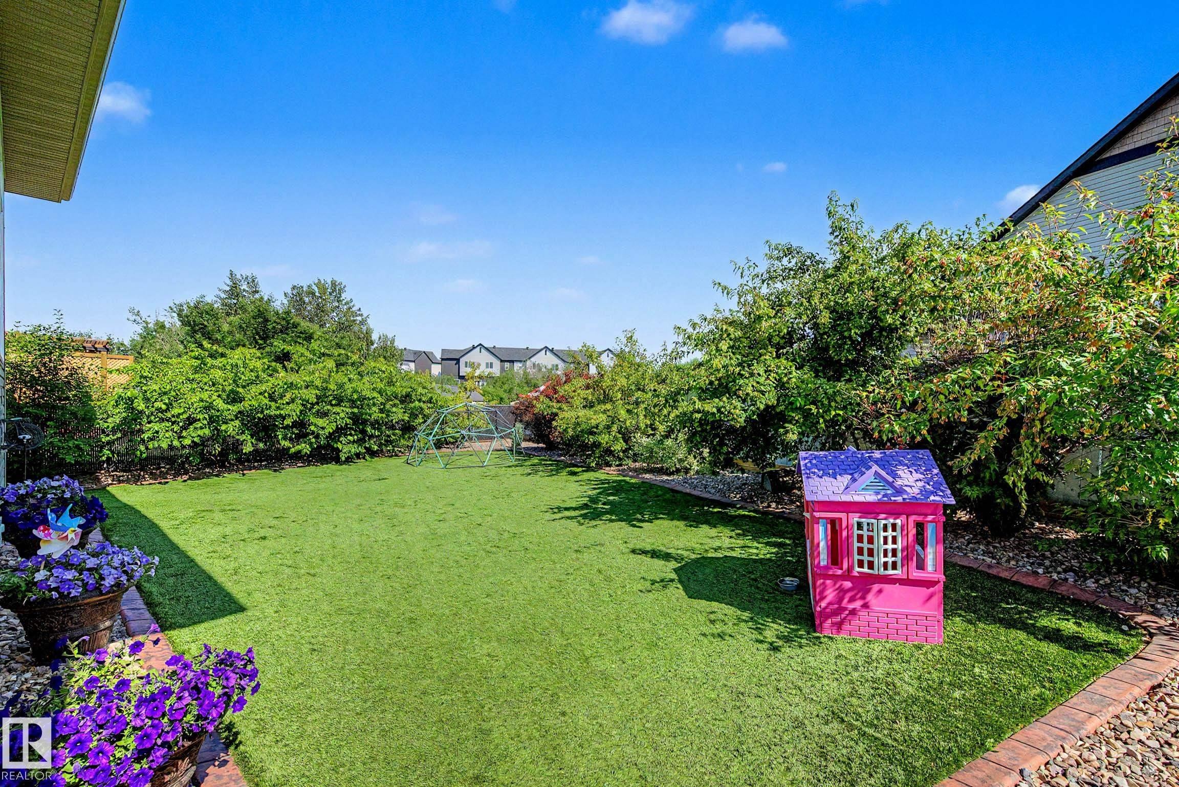 Expansive lawn area featuring lush green turf, mature perimeter landscaping, a decorative brick border, and vibrant purple potted plants - 38 Longview Point(E), Spruce Grove, AB - Outdoor