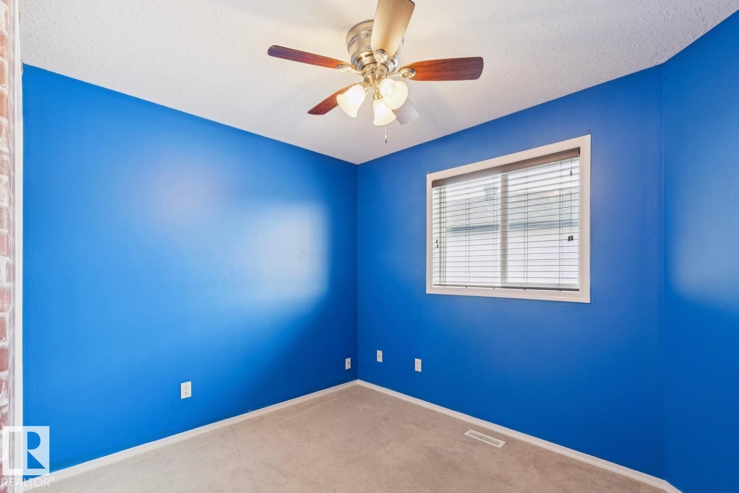 Interior room featuring neutral carpet flooring and vibrant blue walls - 16765 119 Street Nw, Edmonton, AB