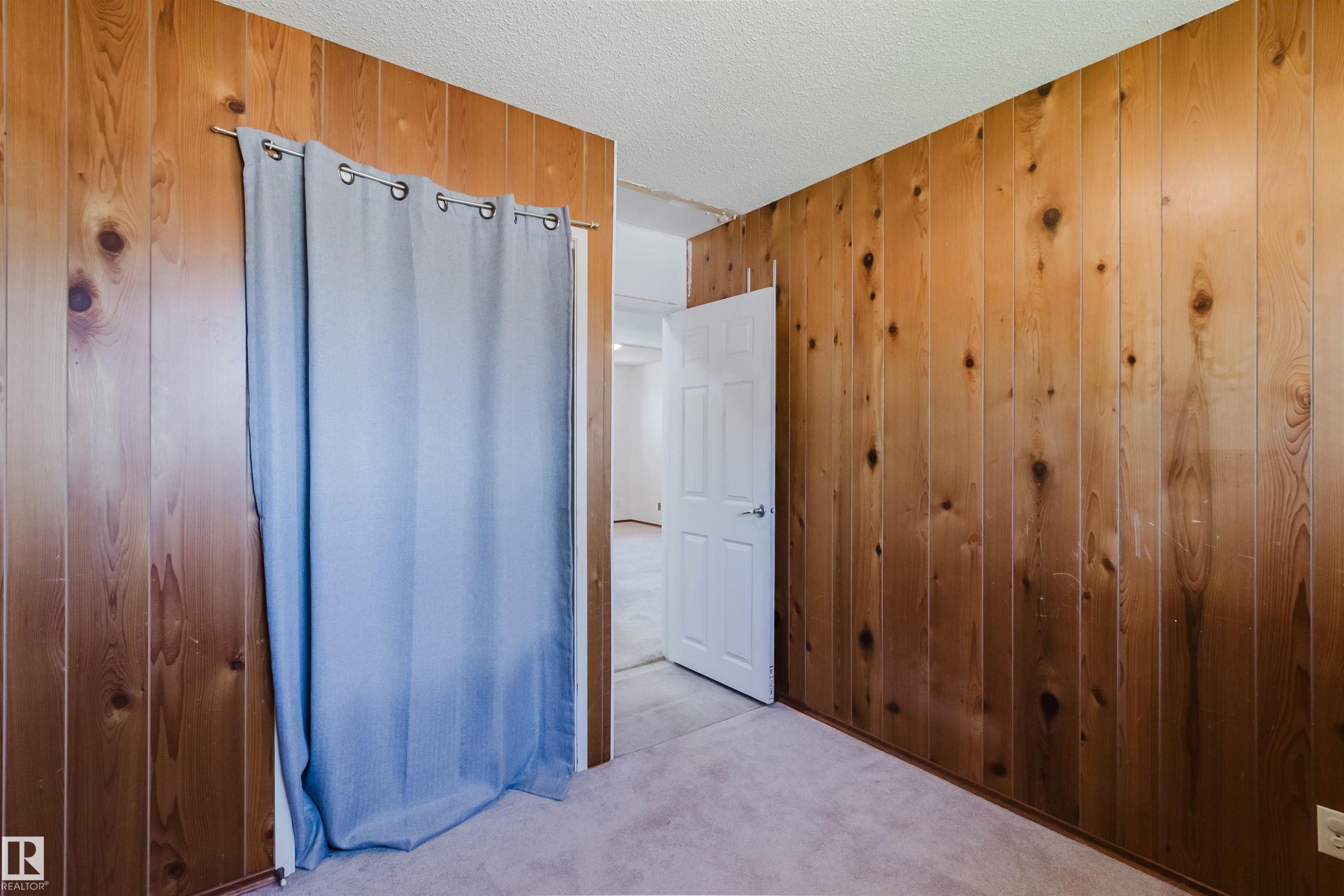 Interior room featuring wood paneling walls and soft carpet flooring - 11115 39A Avenue Nw, Edmonton, AB - Indoor