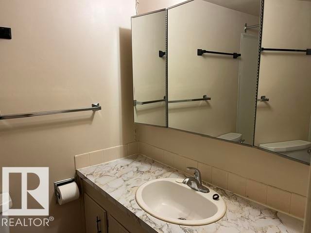Bathroom vanity featuring a drop-in sink, chrome faucet, and patterned countertop - #205 10740 105 St Nw, Edmonton, AB - Indoor Photo Showing Bathroom