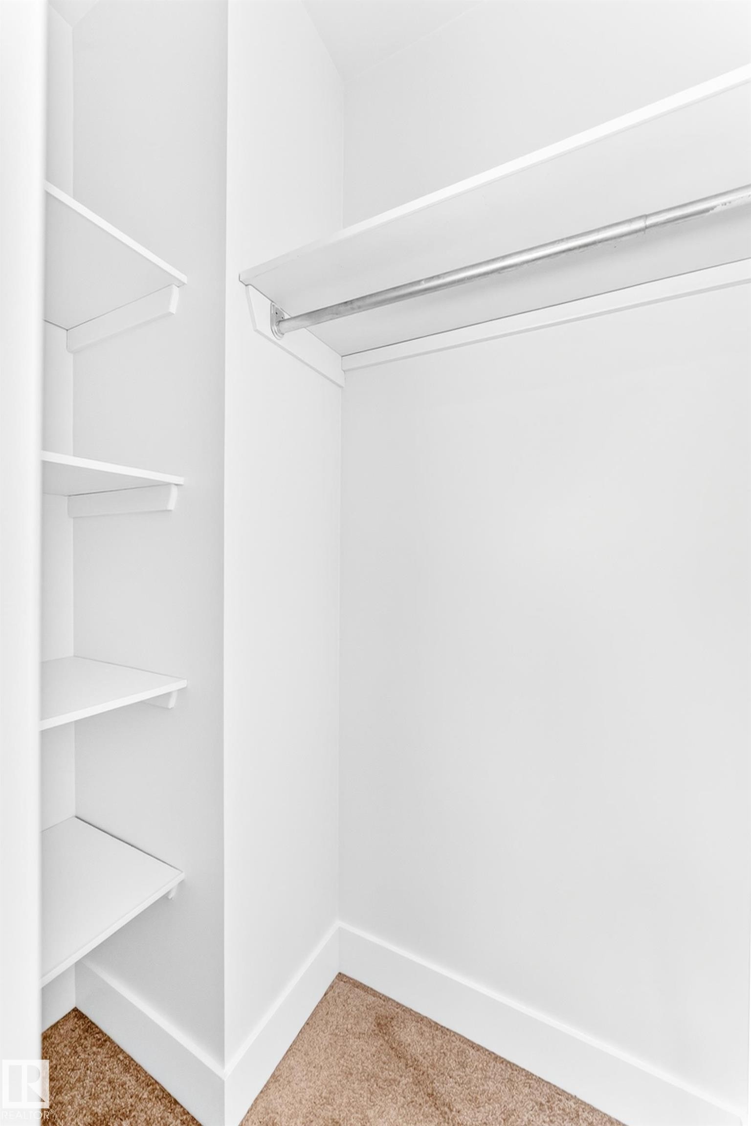 Closet featuring built-in shelving, a garment rod, white baseboards, and carpet flooring - 3119 144 Avenue Nw, Edmonton, AB - Indoor With Storage