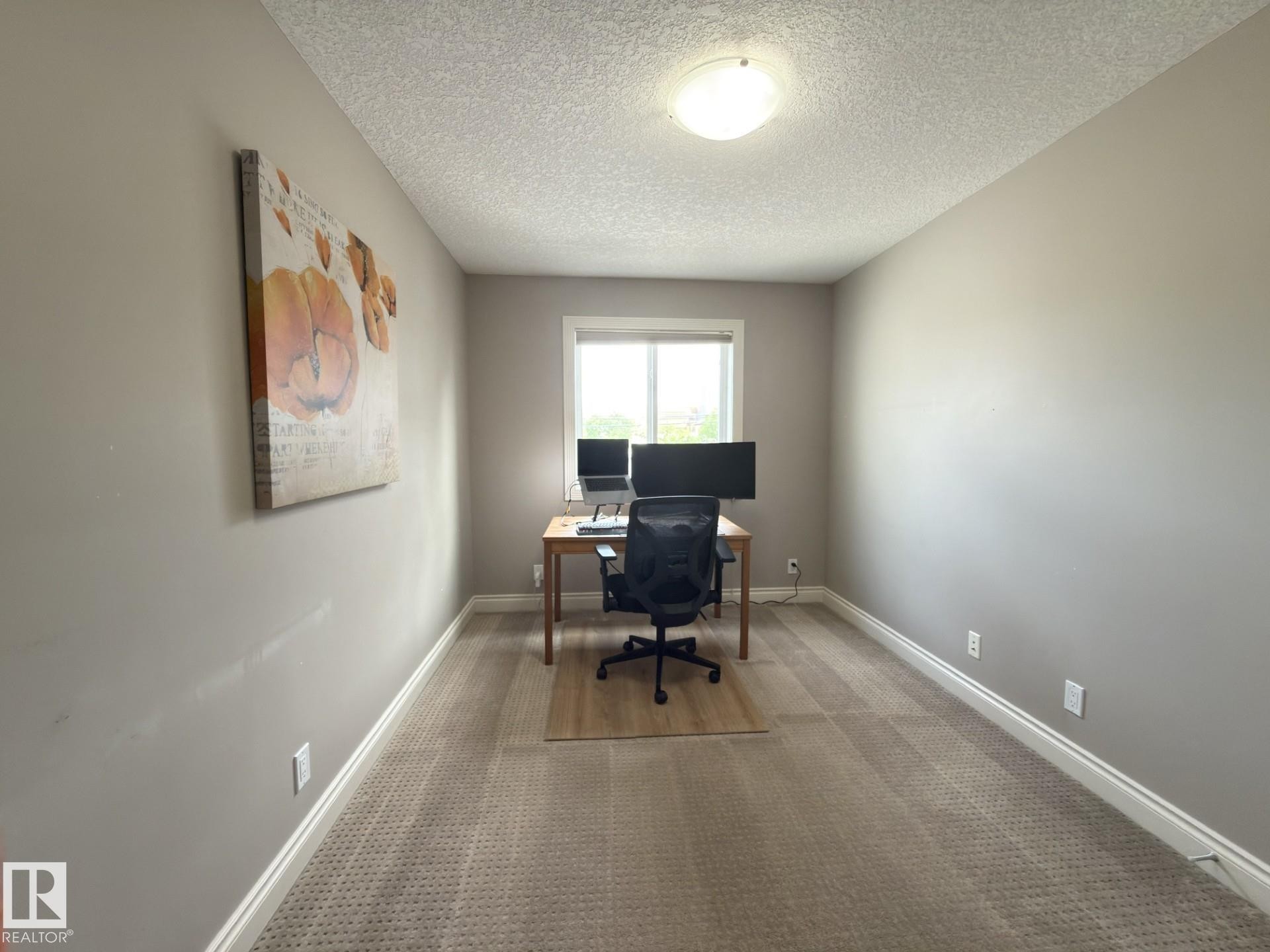 Bright room featuring a window, neutral wall paint, textured carpet flooring, and white trim - 11342 79 Avenue, Edmonton, AB - Indoor Photo Showing Office