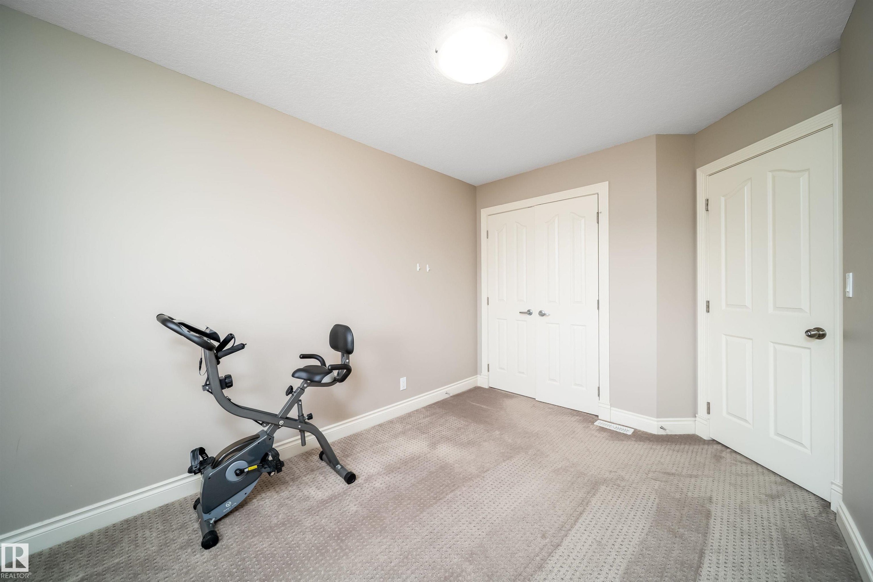 Neutral-toned walls complement the light gray carpeting - 11342 79 Avenue, Edmonton, AB - Indoor Photo Showing Gym Room