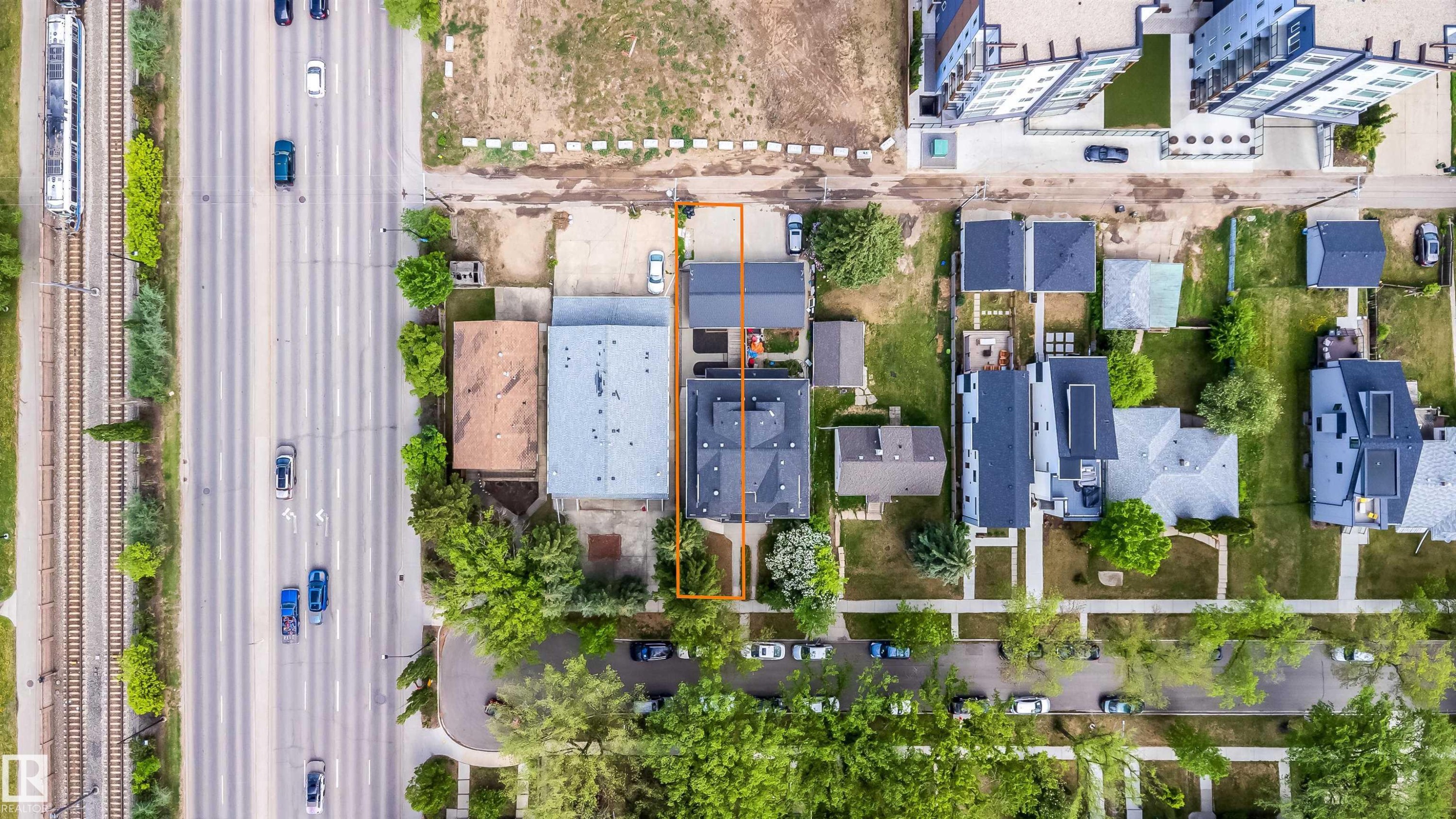 Aerial perspective showcasing a property with a distinct, rectangular lot - 11342 79 Avenue, Edmonton, AB - Outdoor