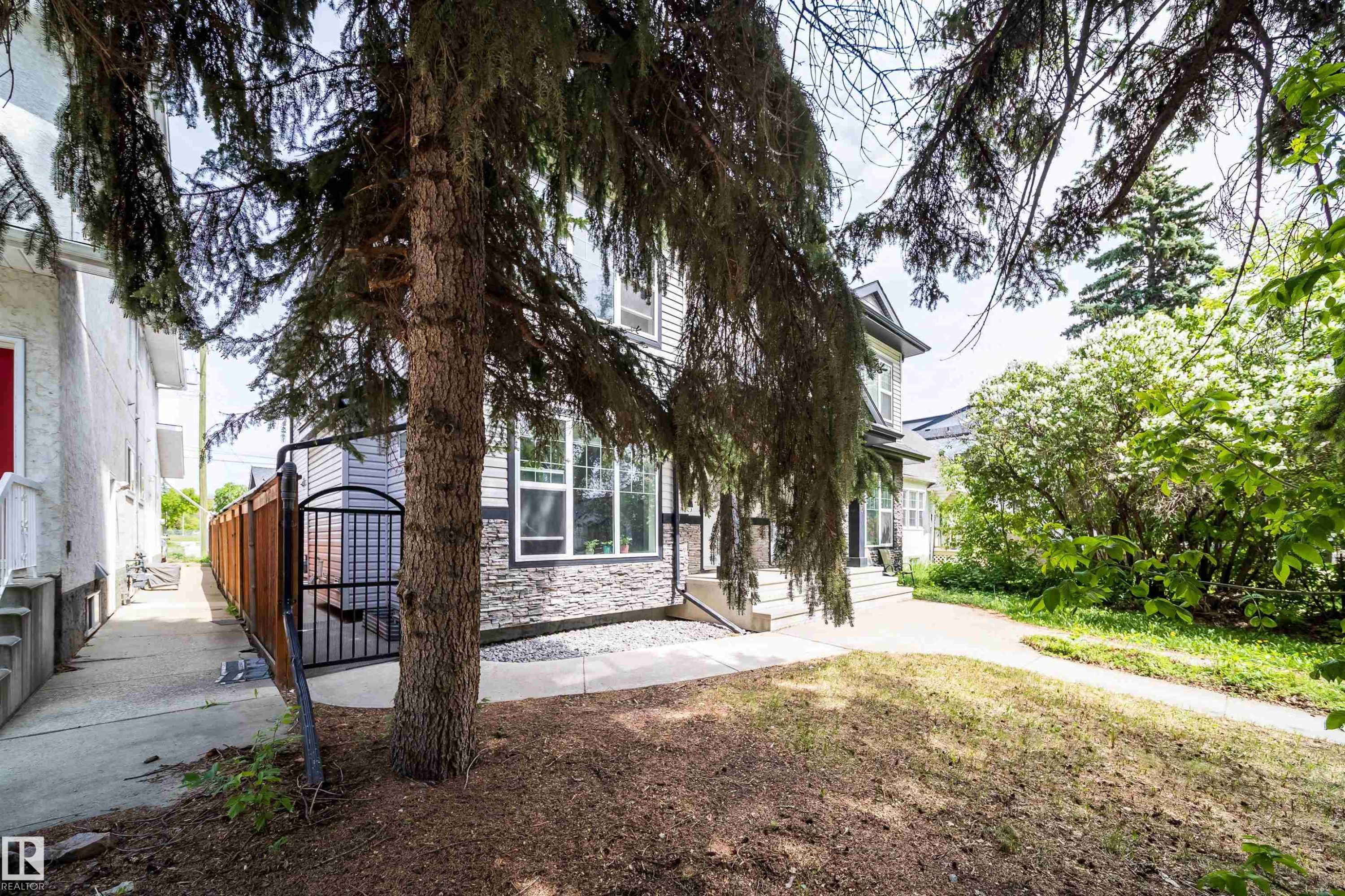 Front exterior featuring a stone accent facade, siding, multiple windows, and a mature tree - 11342 79 Avenue, Edmonton, AB - Outdoor