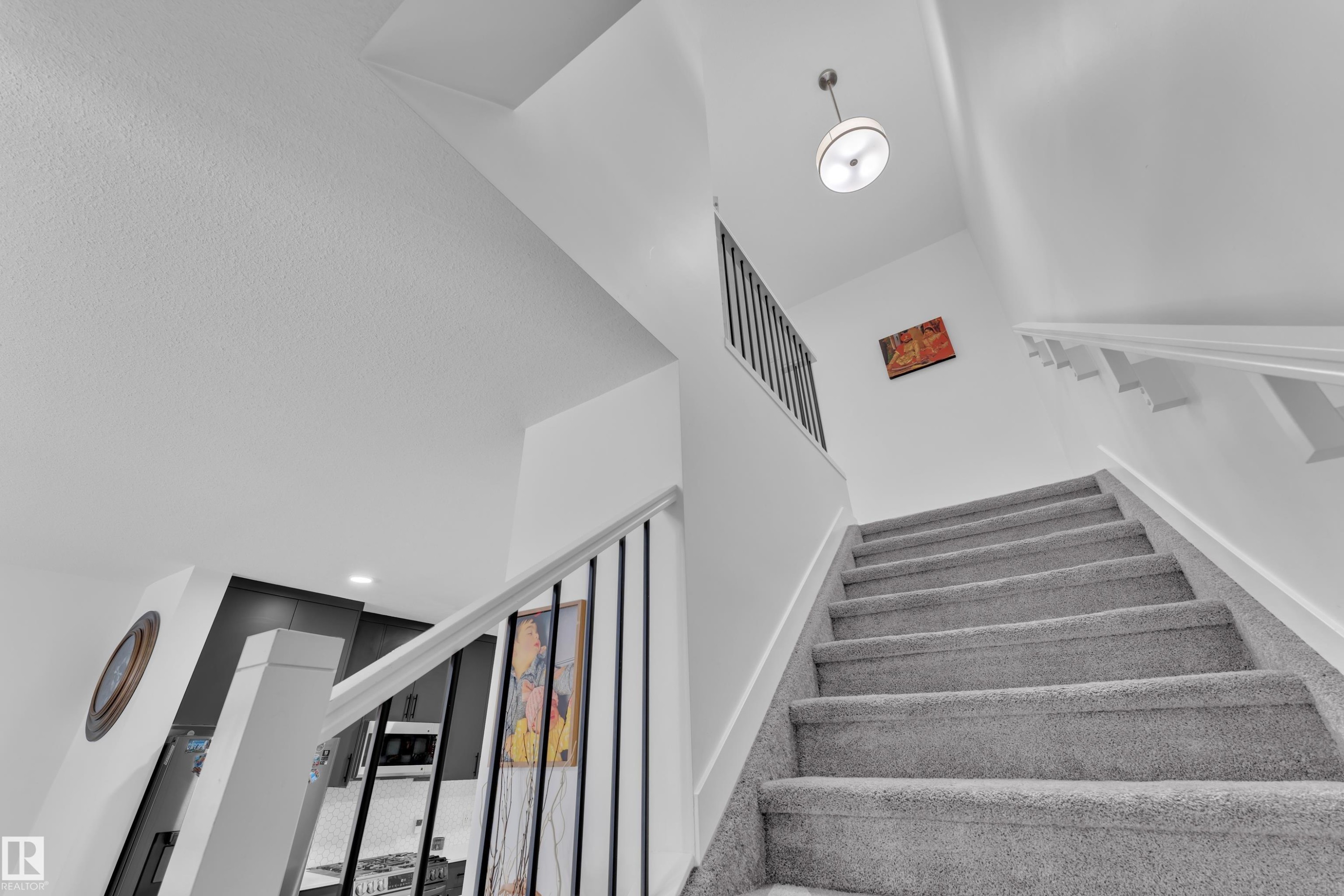 Carpeted staircase with white risers and modern black iron balusters - 1645 Plum Circle Circle Sw, Edmonton, AB - Indoor Photo Showing Other Room