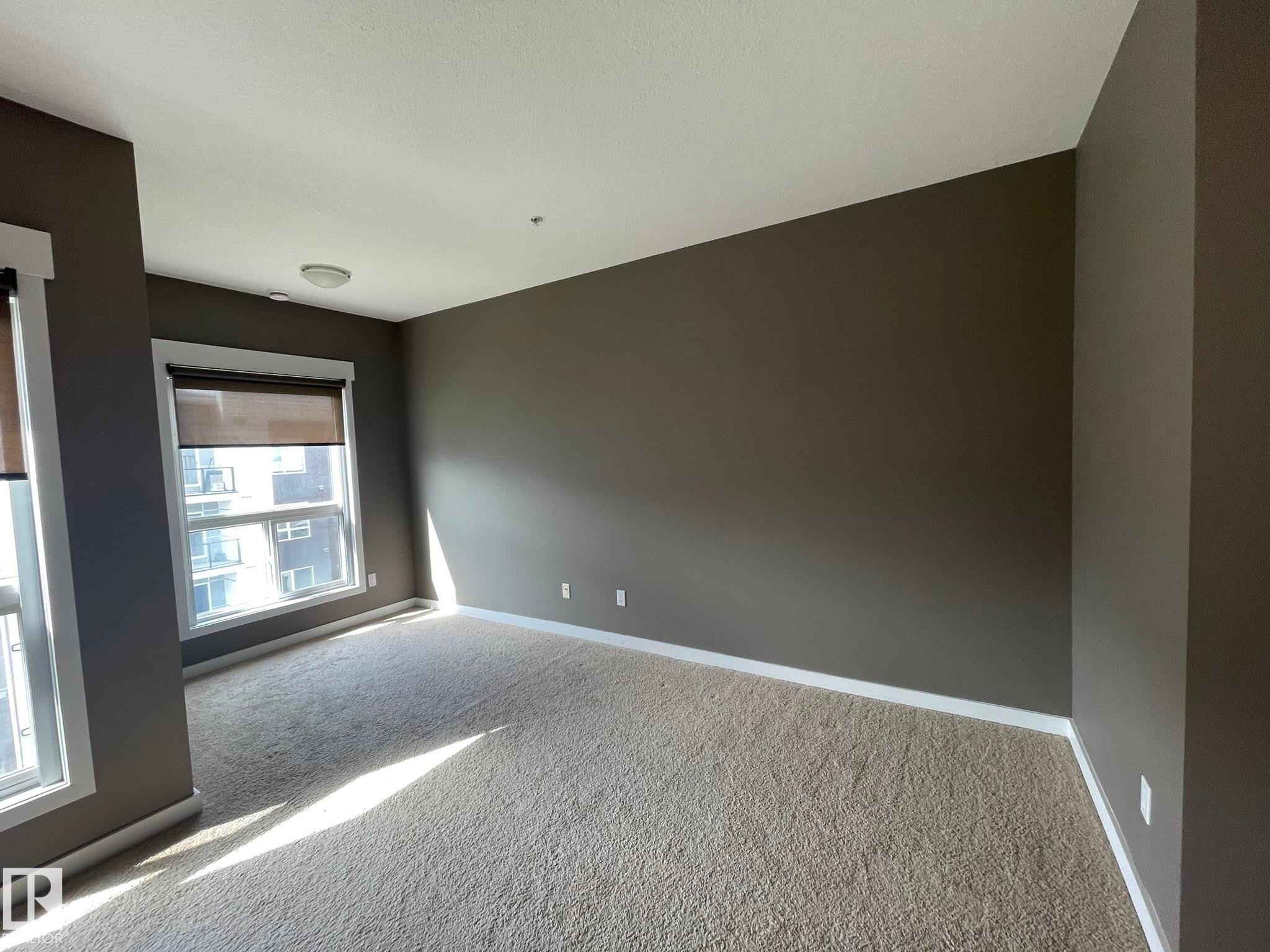 Carpeted room featuring two windows with roller shades, neutral gray walls, white baseboards, and a flush-mount ceiling light fixture - #504 10518 113 St Nw, Edmonton, AB - Indoor Photo Showing Other Room