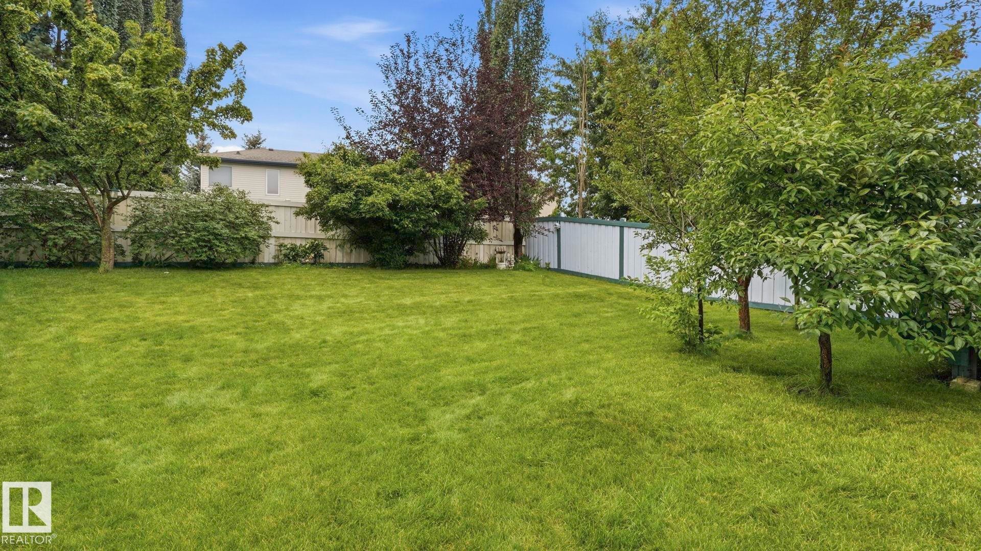 Expansive green lawn with mature trees and a white privacy fence - 125 Dechene Road Nw, Edmonton, AB - Outdoor