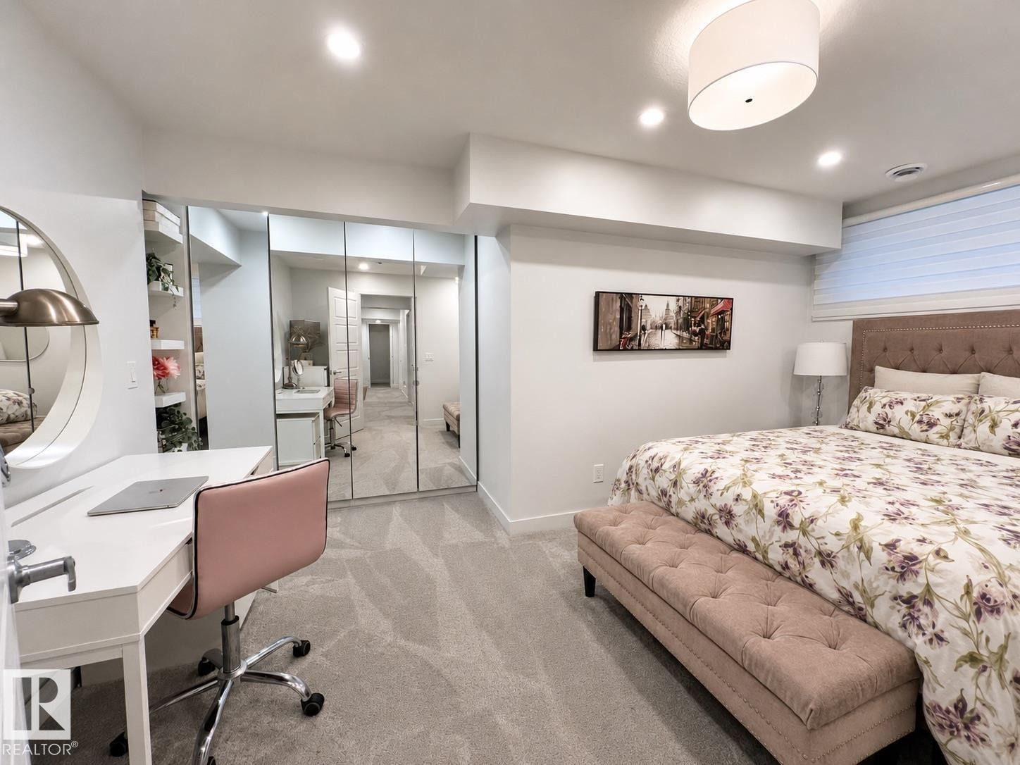 Recessed lighting illuminating plush carpet flooring - 2337 Frezenberg Avenue Nw, Edmonton, AB - Indoor Photo Showing Bedroom
