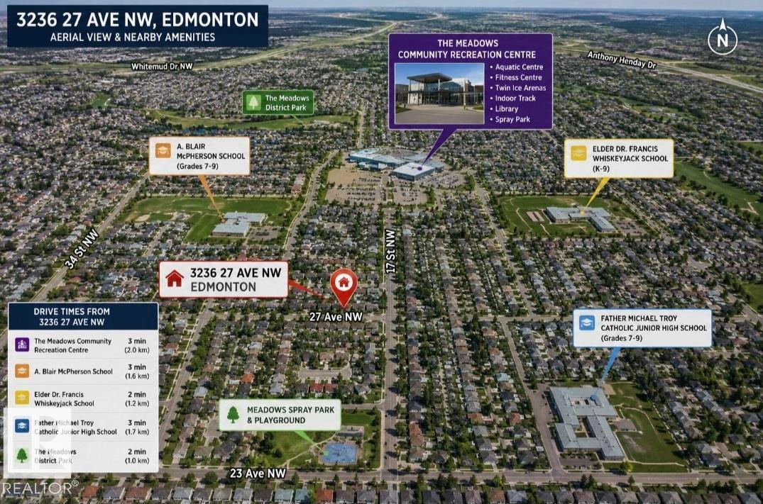Aerial View & Nearby Amenities. Illustrating the location of the property and proximal features - 3236 27 Avenue Nw, Edmonton, AB - Other
