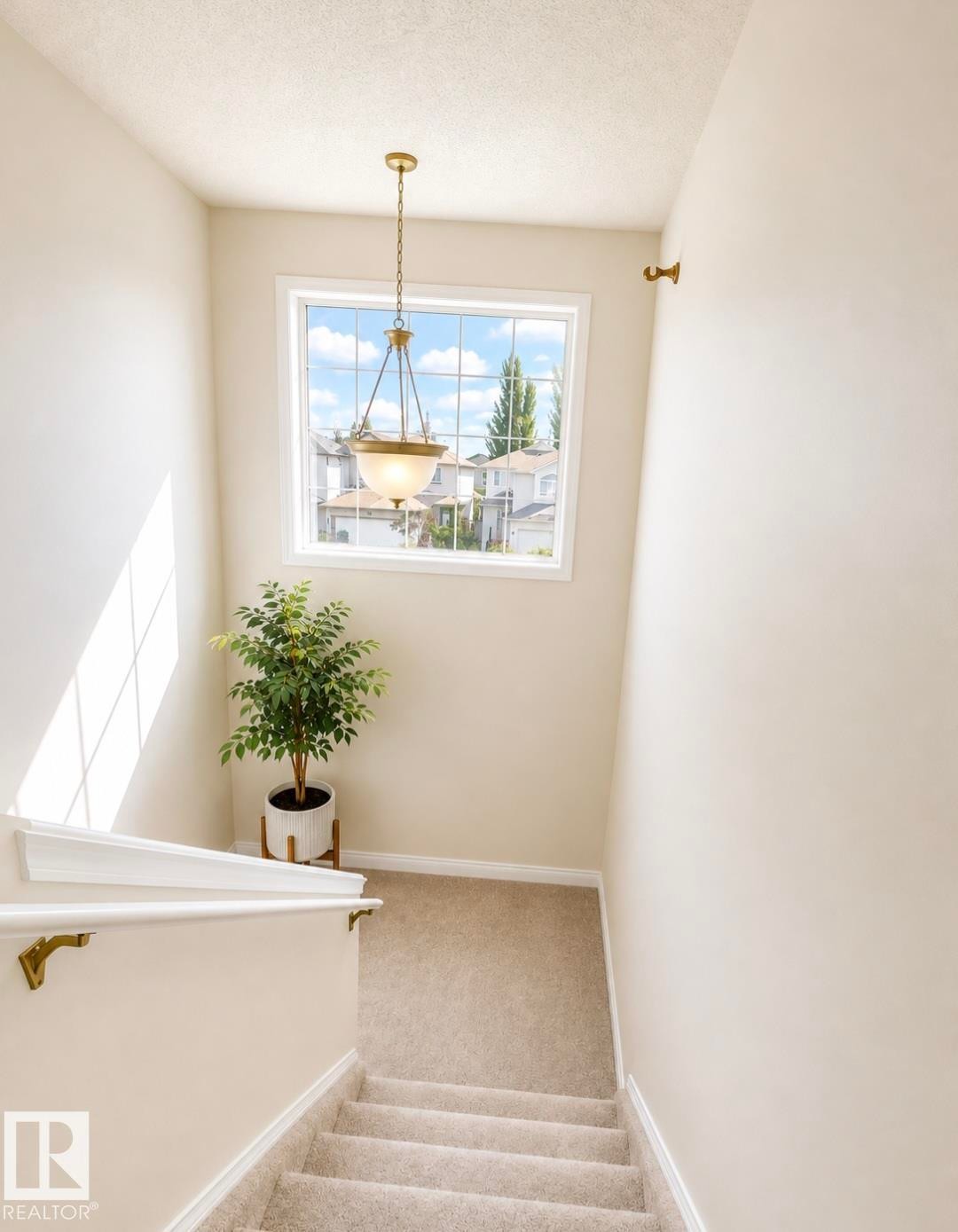 Stairwell featuring a multi-pane window, brass-toned chandelier, and carpeted stairs with white trim and handrail - 3236 27 Avenue Nw, Edmonton, AB - Indoor Photo Showing Other Room