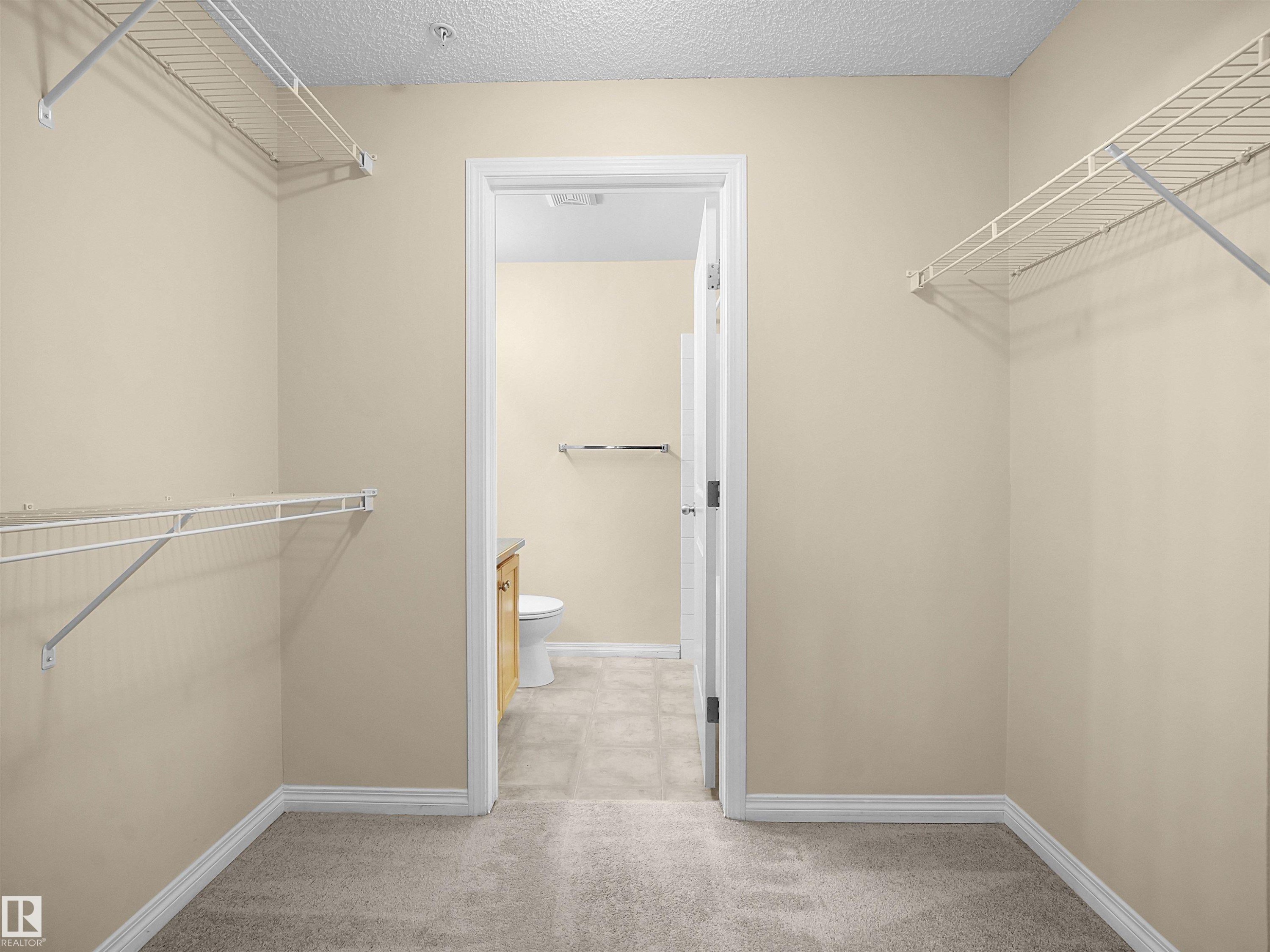 Walk-in closet featuring wire shelving, light beige wall paint, and grey carpeting - #220 245 Edwards Dr Sw, Edmonton, AB - Indoor With Storage