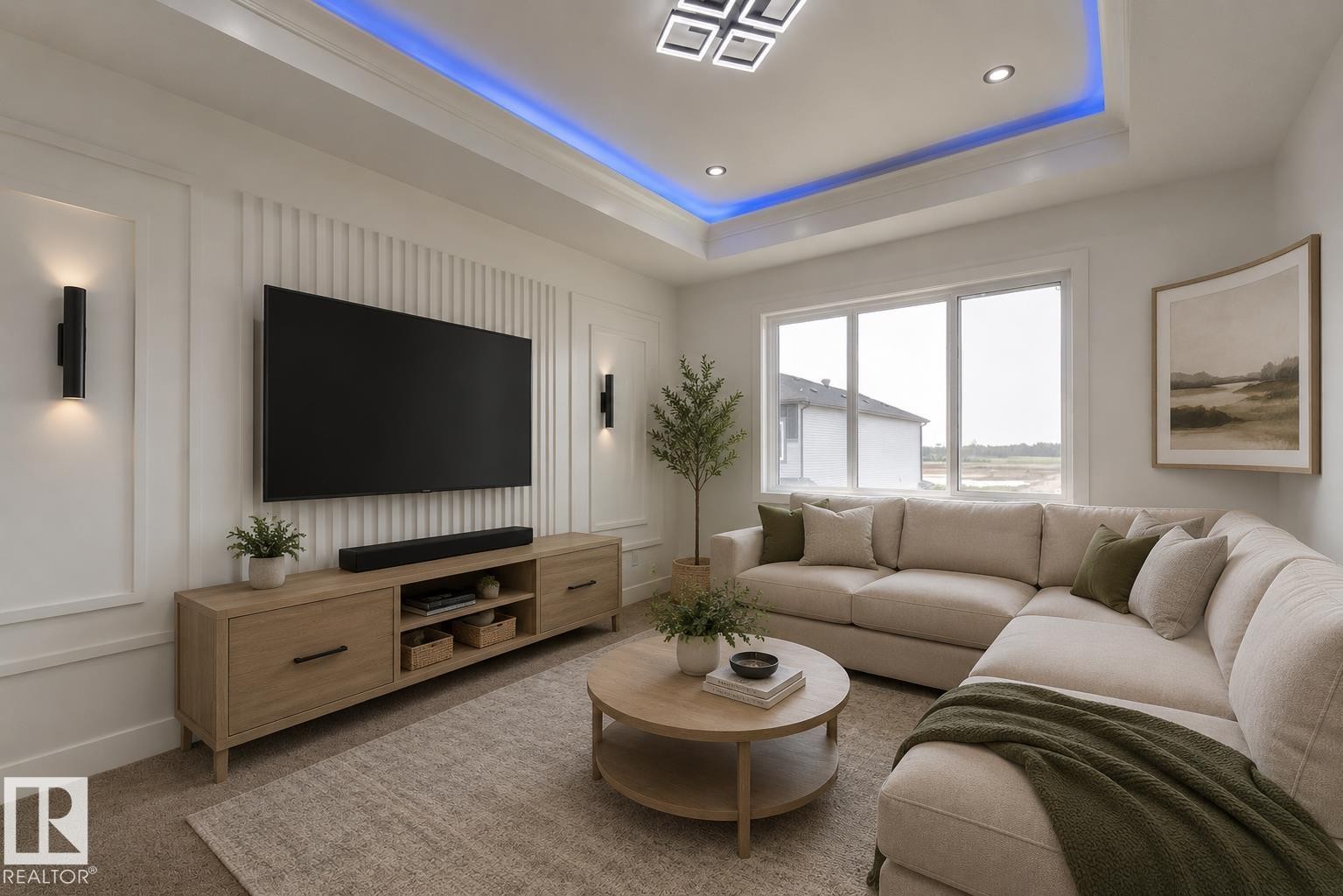 Living area featuring a tray ceiling with integrated lighting, recessed lighting, and a modern ceiling fixture - 4723 17 Avenue Sw, Edmonton, AB - Indoor Photo Showing Living Room