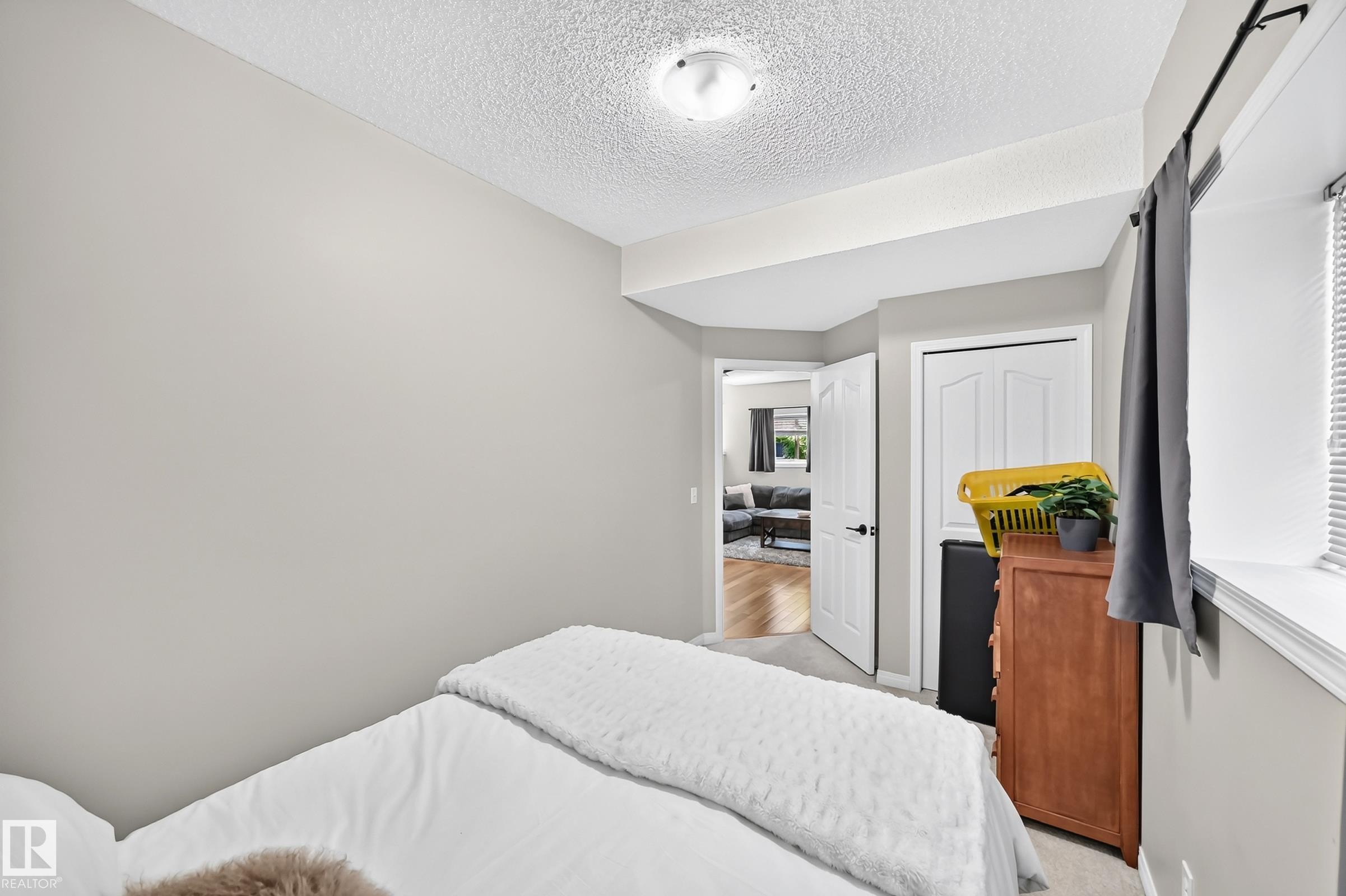 Bedroom featuring light gray wall paint, a textured ceiling, a white paneled door, a window with horizontal blinds, and a flush mount ceiling light fixture - 3729 131A Avenue Nw, Edmonton, AB - Indoor Photo Showing Bedroom