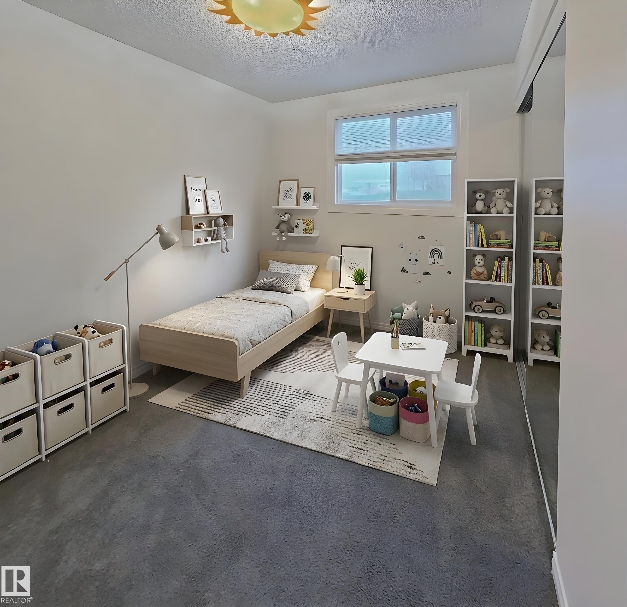 Bright room featuring a window with privacy blinds, light-toned walls, and dark flooring - 60 Northwoods Village Nw, Edmonton, AB - Indoor Photo Showing Bedroom