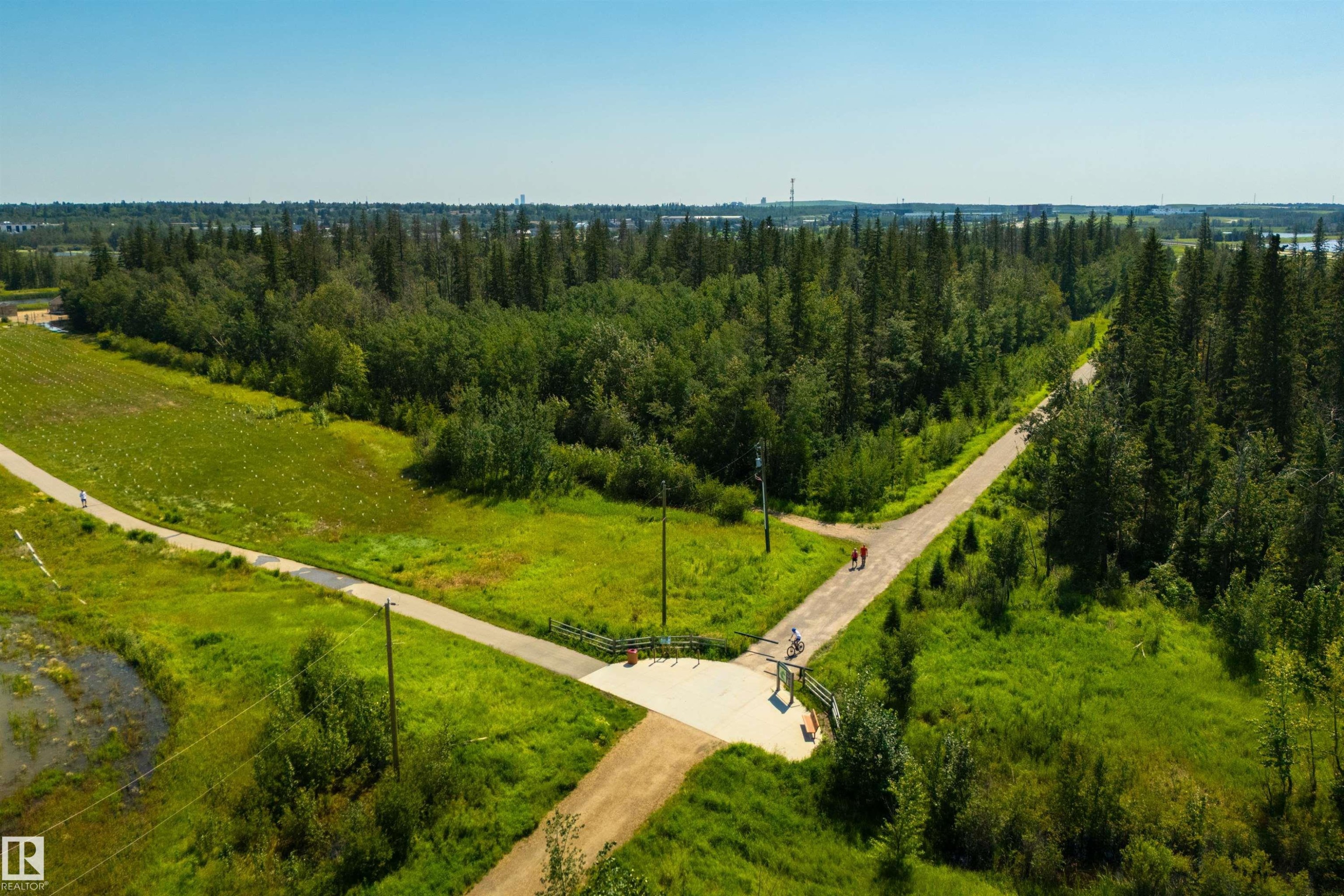 Extensive natural landscape featuring a dense forest, multiple walking paths, open grassy areas, and a paved trail intersection - 323 Rankin Drive, St. Albert, AB - Outdoor With View