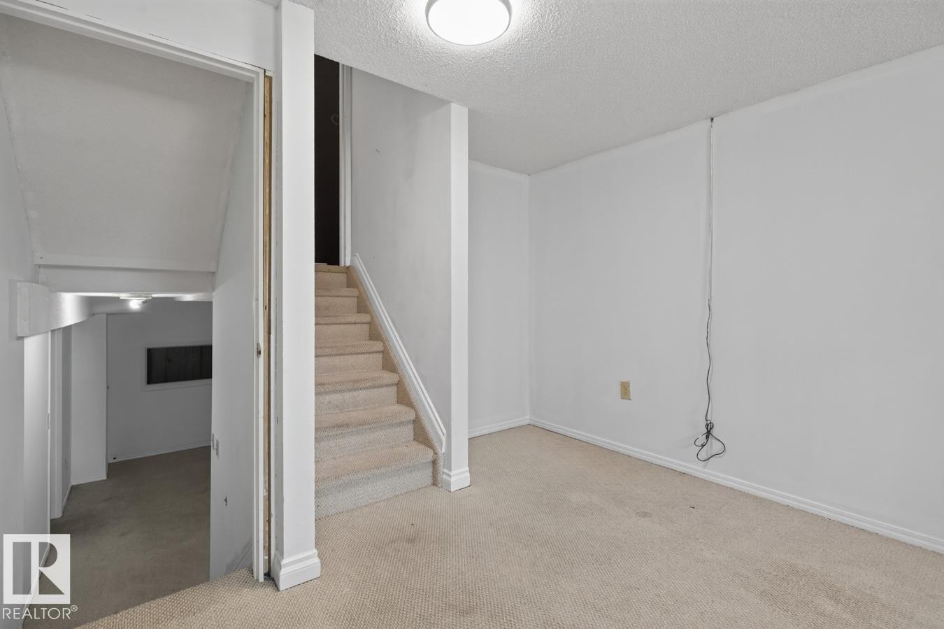 Carpeted room with white walls, baseboards, and a textured ceiling - 4003 41 Avenue Nw, Edmonton, AB - Indoor Photo Showing Other Room