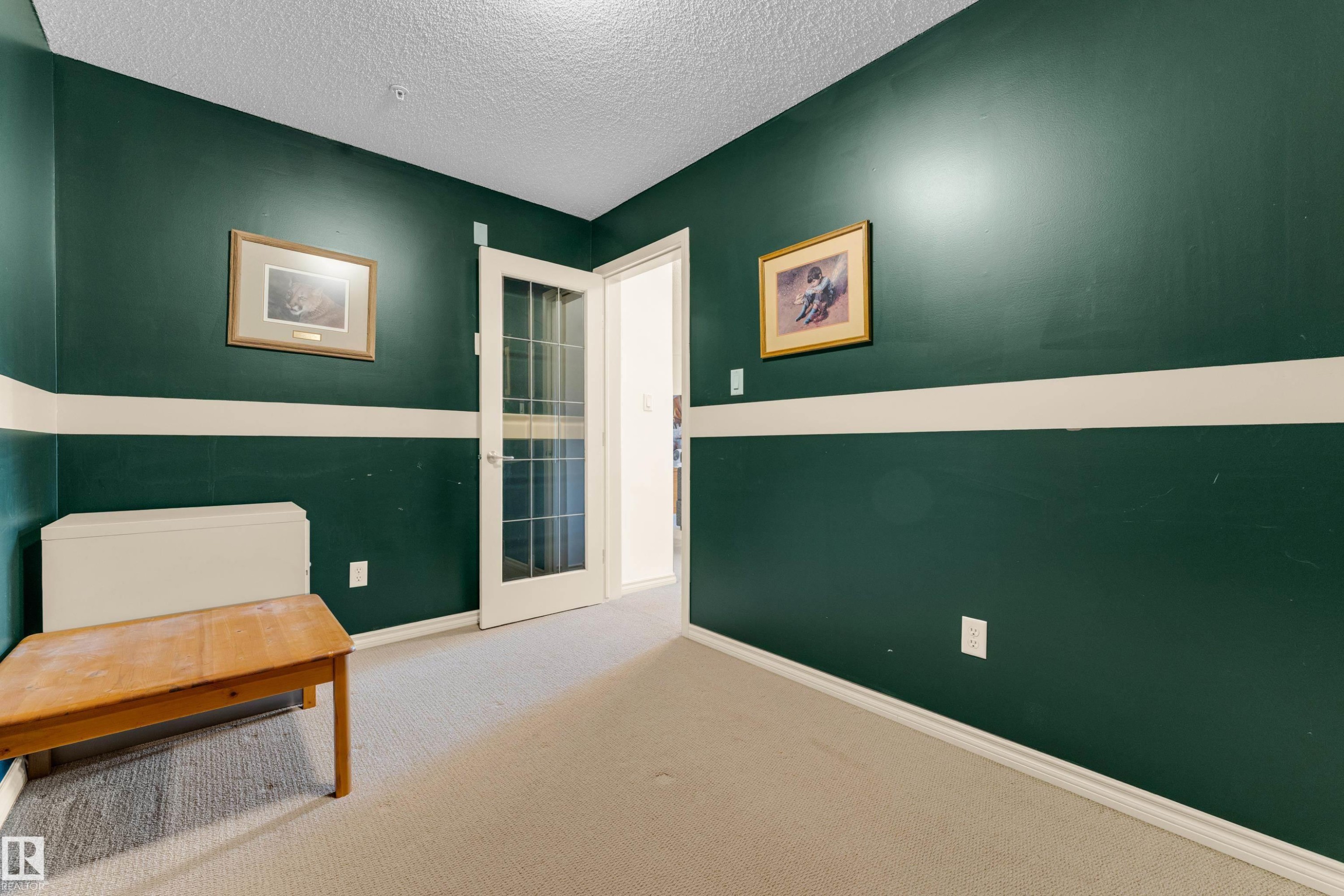 Interior room featuring deep green walls with a white horizontal accent stripe, cream carpeting, and a white six-pane glass panel door - #136 16035 132 St Nw, Edmonton, AB - Indoor Photo Showing Other Room