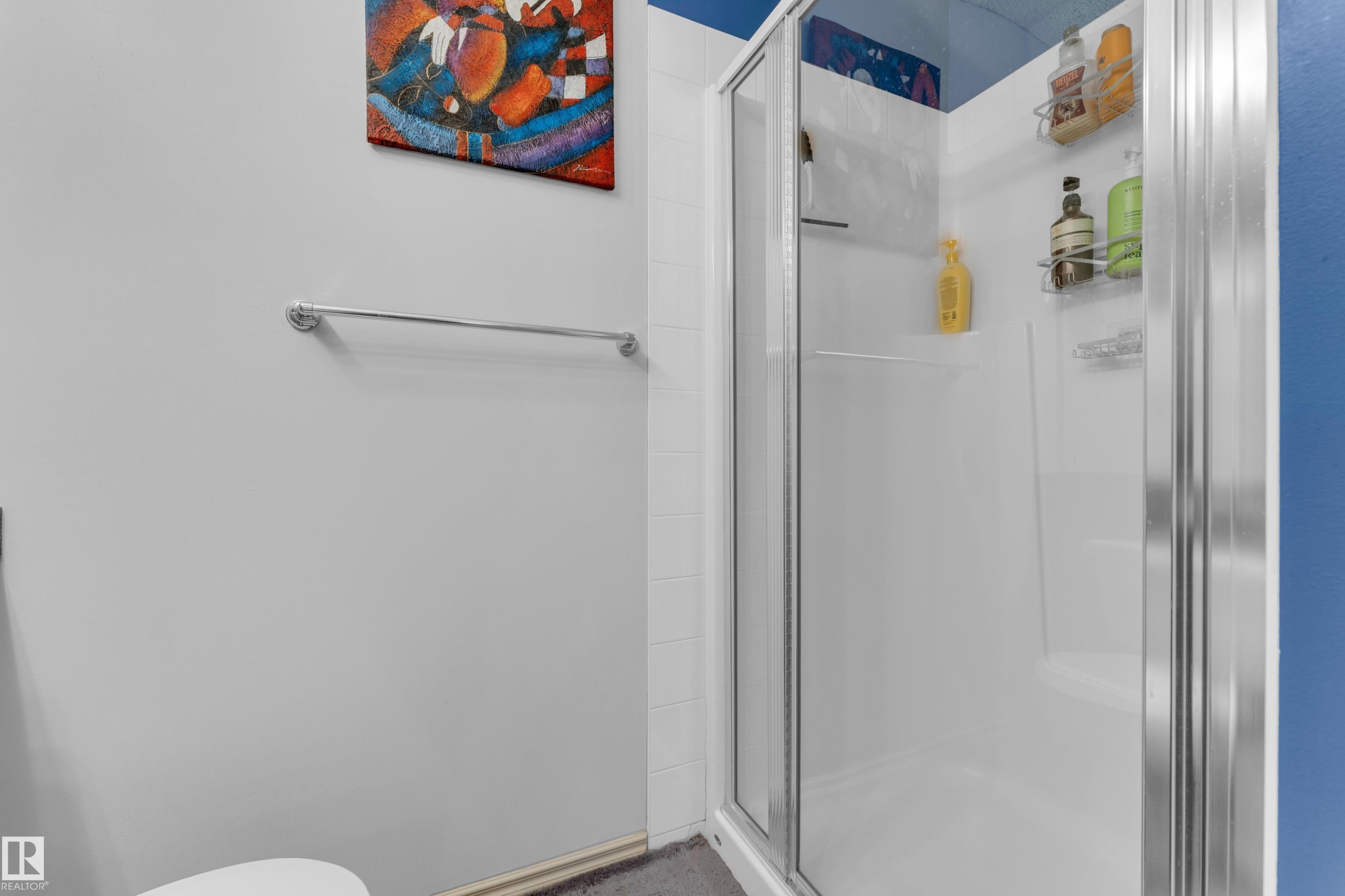 White shower enclosure with glass doors and a chrome towel bar on a light gray wall - #136 16035 132 St Nw, Edmonton, AB - Indoor Photo Showing Bathroom