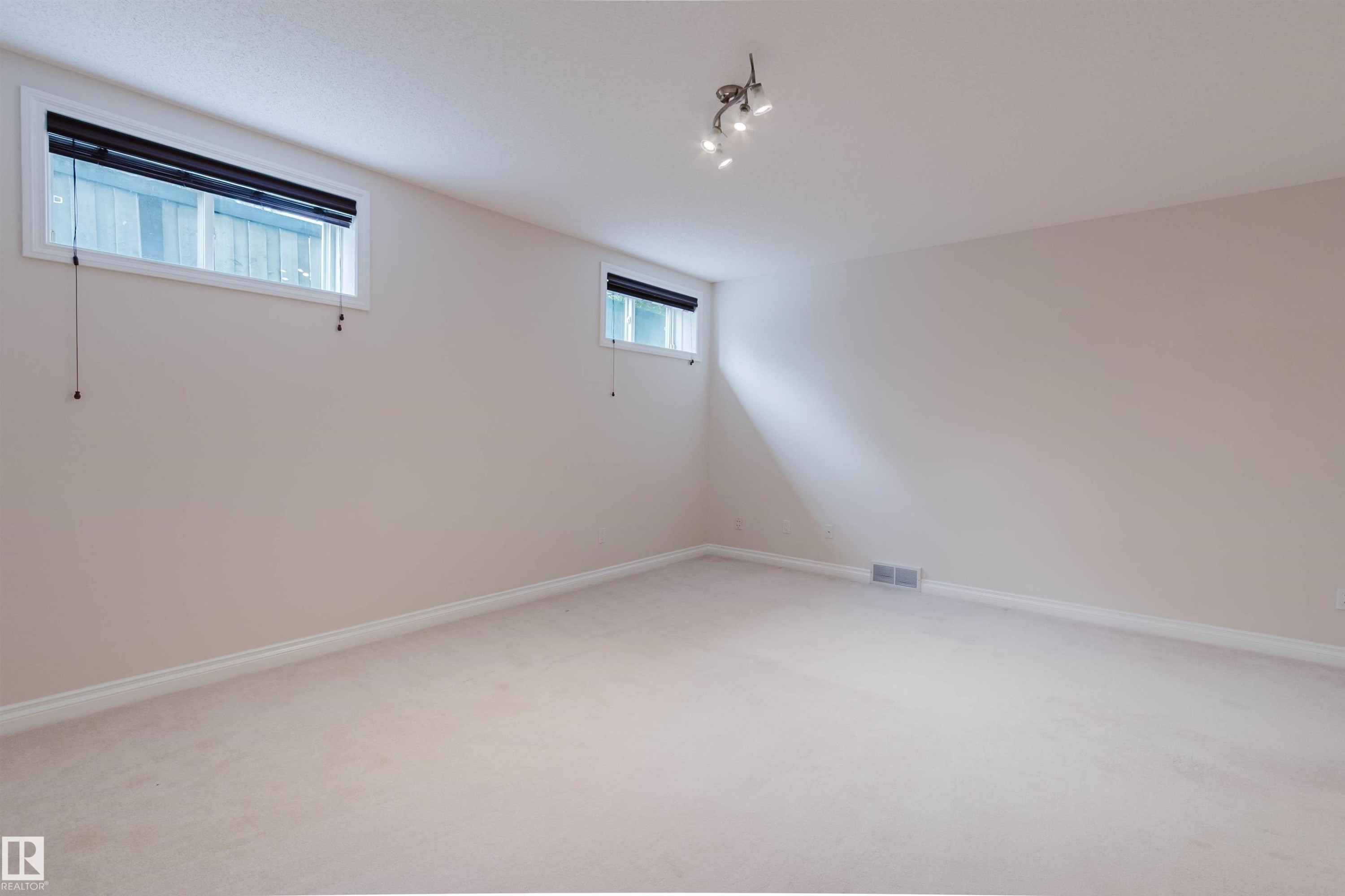 Neutral wall paint, light-toned carpet flooring, white trim, and a track lighting fixture illuminate this room with two windows - 928 Heacock Road Nw, Edmonton, AB - Indoor Photo Showing Other Room