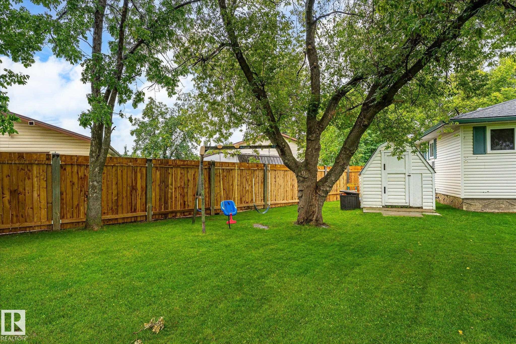 Expansive green lawn featuring mature trees and a wooden privacy fence - 4921 47 Avenue, Legal, AB - Outdoor
