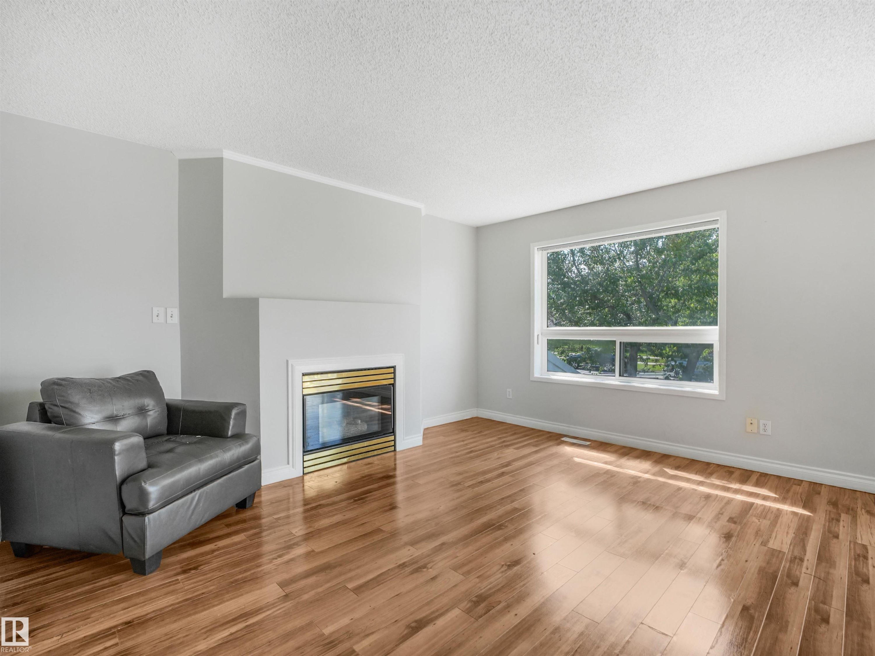 Living area featuring a fireplace with a brass-toned insert, wood-finish flooring, and a large window - #2 3311 58 St Nw, Edmonton, AB - Indoor Photo Showing Living Room With Fireplace