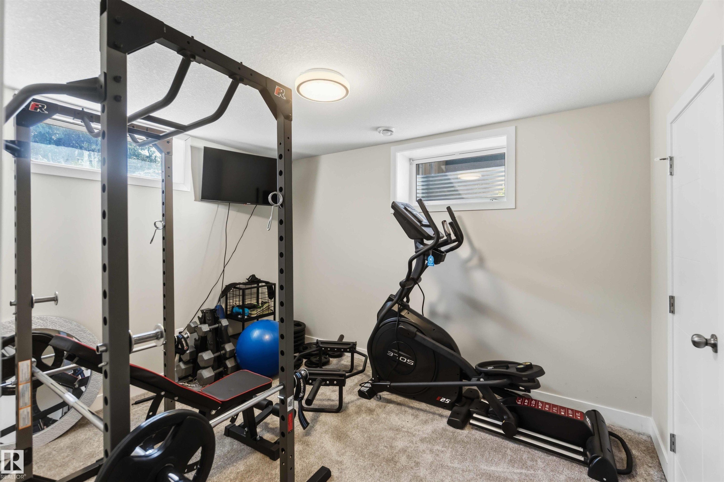 Carpeted room featuring a built-in wall-mounted television, two windows with blinds, a flush-mount ceiling light fixture, and a white paneled door with dark hardware - 11351 35A Avenue Nw, Edmonton, AB - Indoor Photo Showing Gym Room