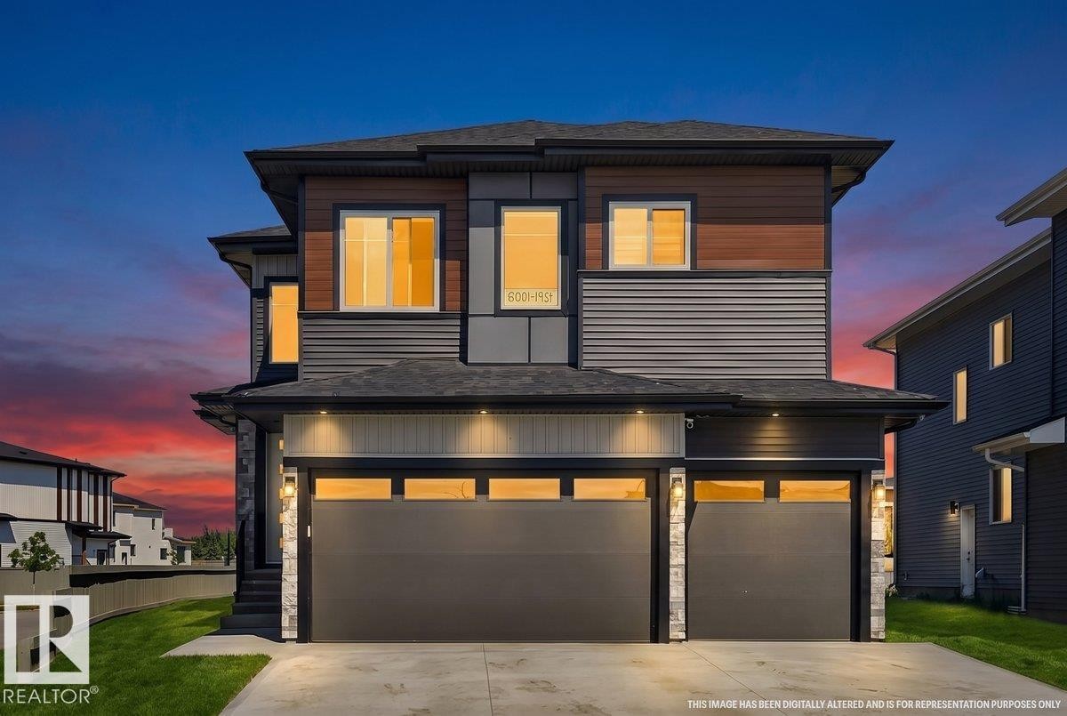 Contemporary multi-level residence featuring a dark gray and wood-finish facade - 6001 19 Street, Nisku, AB - Outdoor