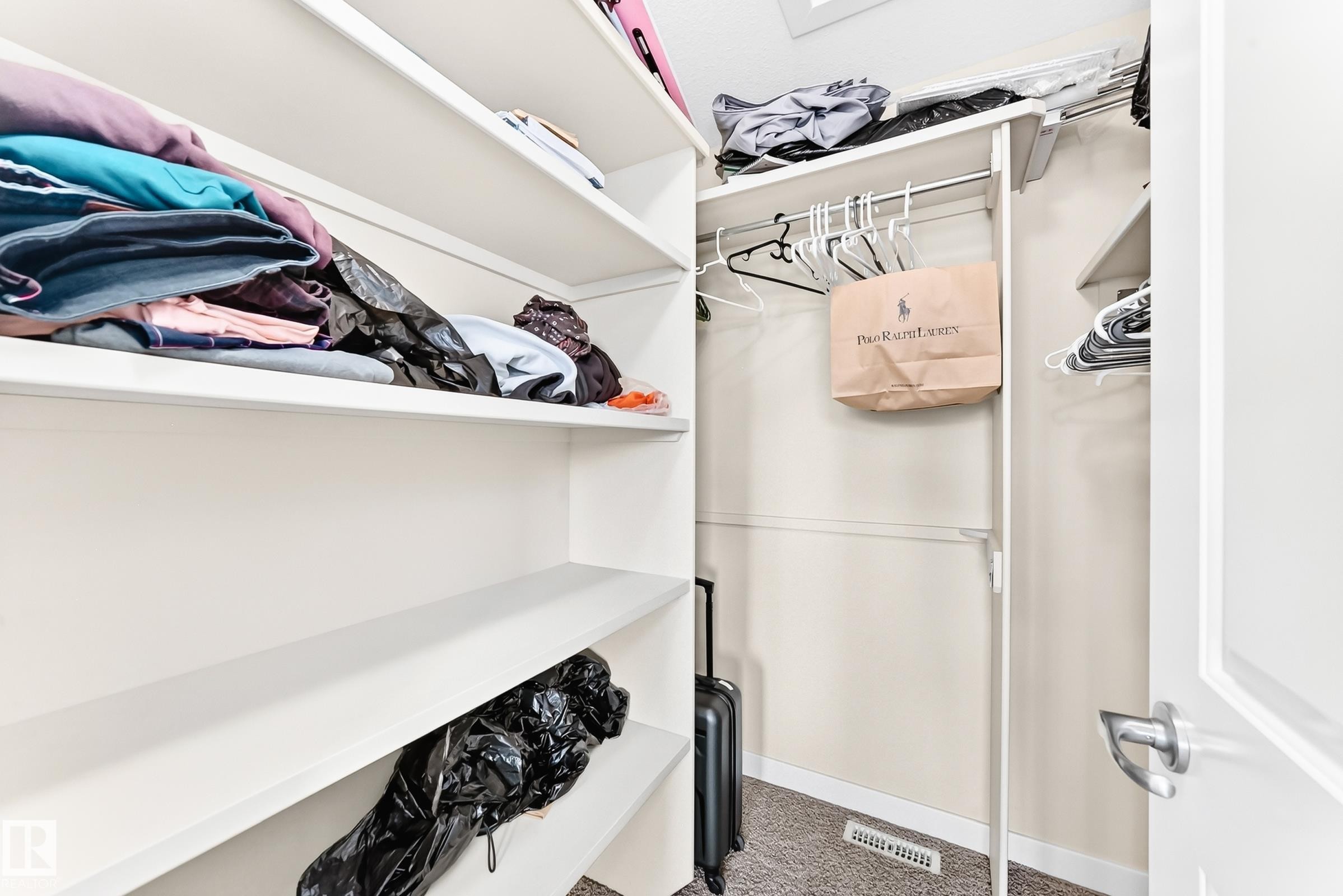 Walk-in closet featuring white shelving units, a hanging rod system, and neutral-toned carpeting - 2923 16 Street Nw, Edmonton, AB - Indoor With Storage