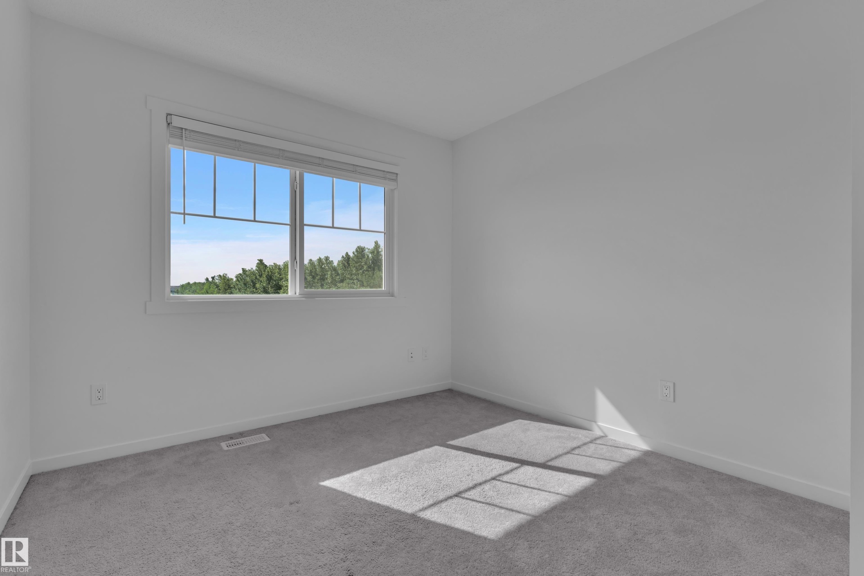 Light-filled room featuring a large window with white trim, gray carpet flooring, and white painted walls - #64 17832 78 St Nw Nw, Edmonton, AB - Indoor Photo Showing Other Room