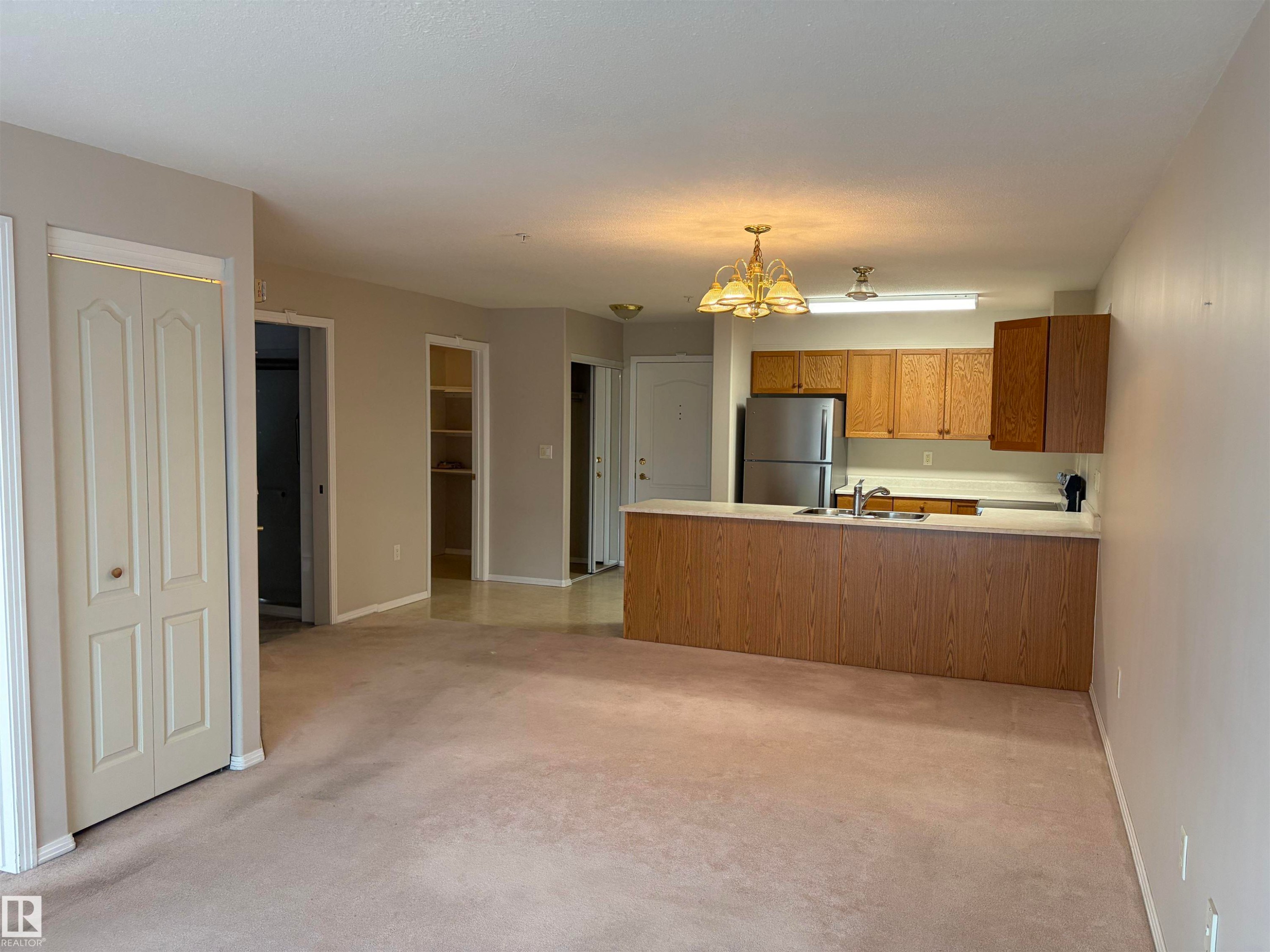Open-concept living space featuring light-toned carpet flooring and neutral wall paint - #209 8912 156 St Nw, Edmonton, AB - Indoor Photo Showing Kitchen