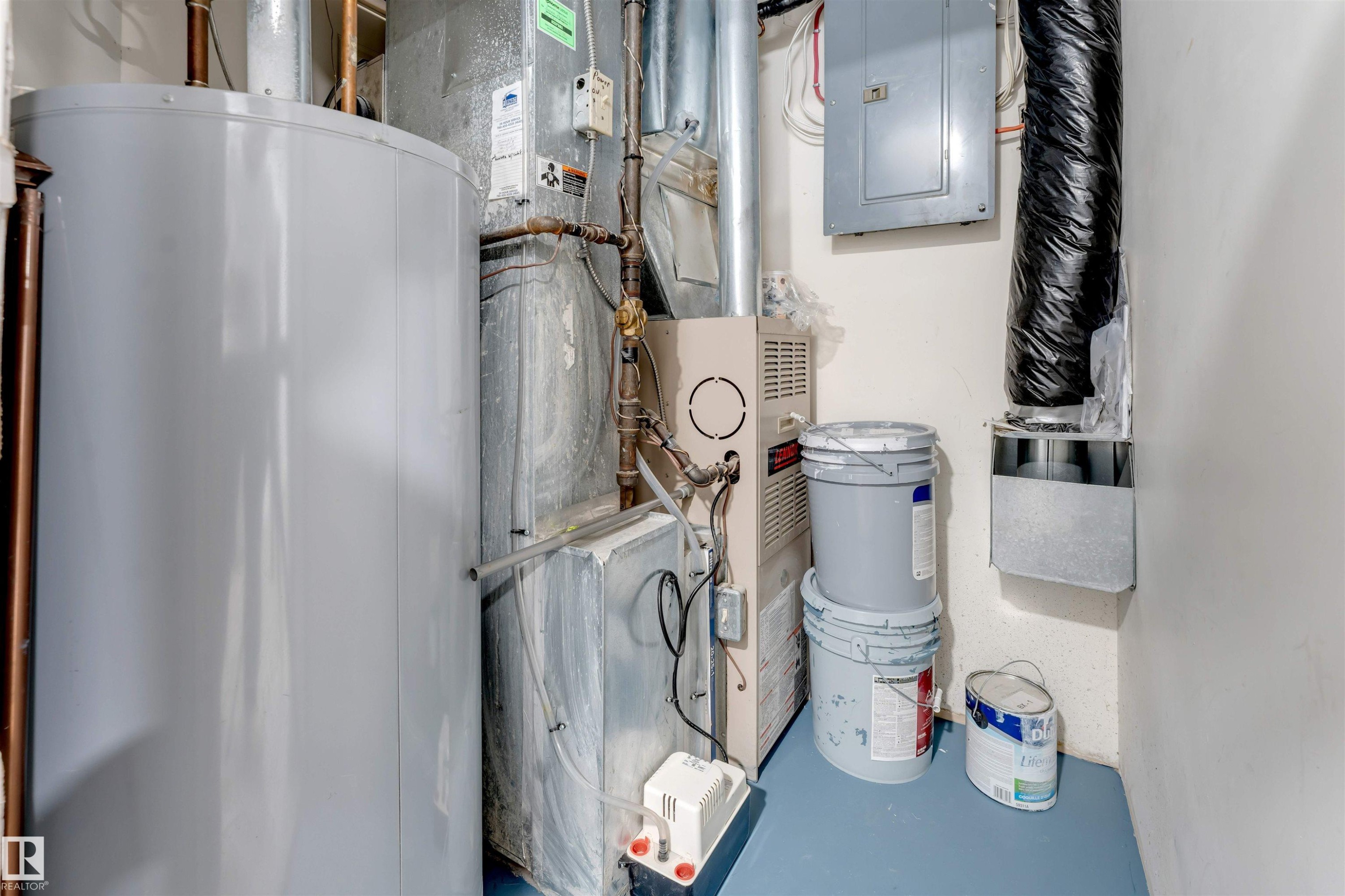Utility area featuring a water heater, furnace, and electrical panel - 7419 33 Avenue Nw, Edmonton, AB - Indoor