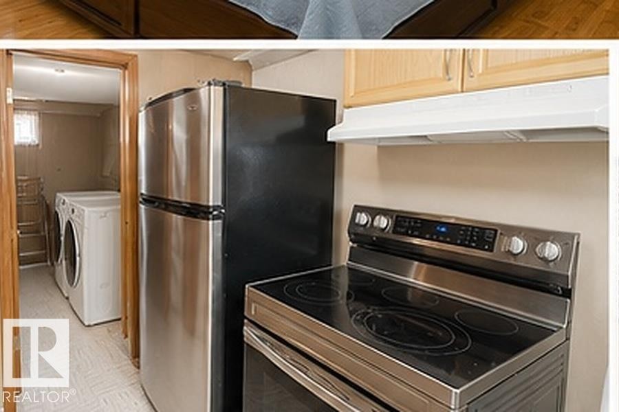 Stainless steel appliances including a refrigerator and electric range, accompanied by light wood-finish cabinetry and a white range hood - 7812 144 Avenue Nw, Edmonton, AB - Indoor Photo Showing Laundry Room
