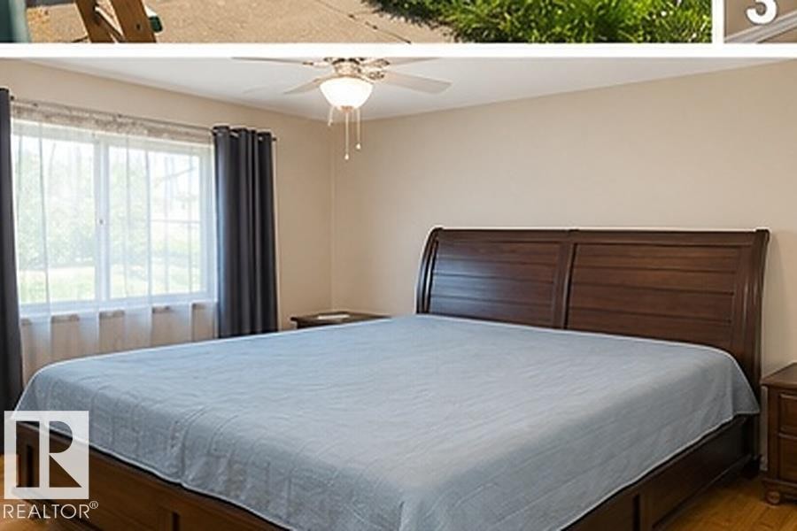 Bedroom with light beige walls and wood-finish flooring - 7812 144 Avenue Nw, Edmonton, AB - Indoor Photo Showing Bedroom