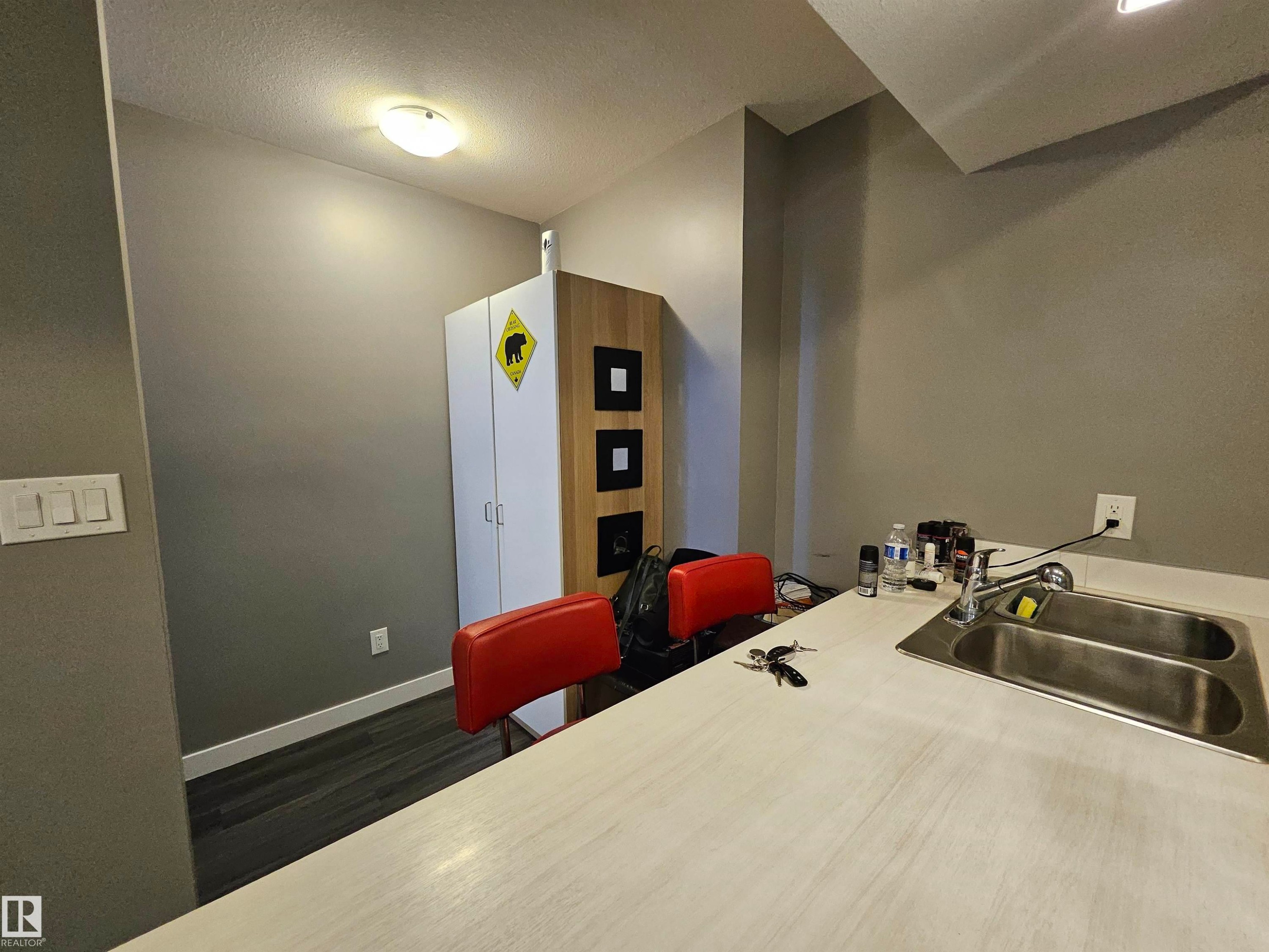 Kitchenette featuring a double basin stainless steel sink, light-toned countertop, and wood-finish flooring - 13309 104 Street Nw, Edmonton, AB - Indoor